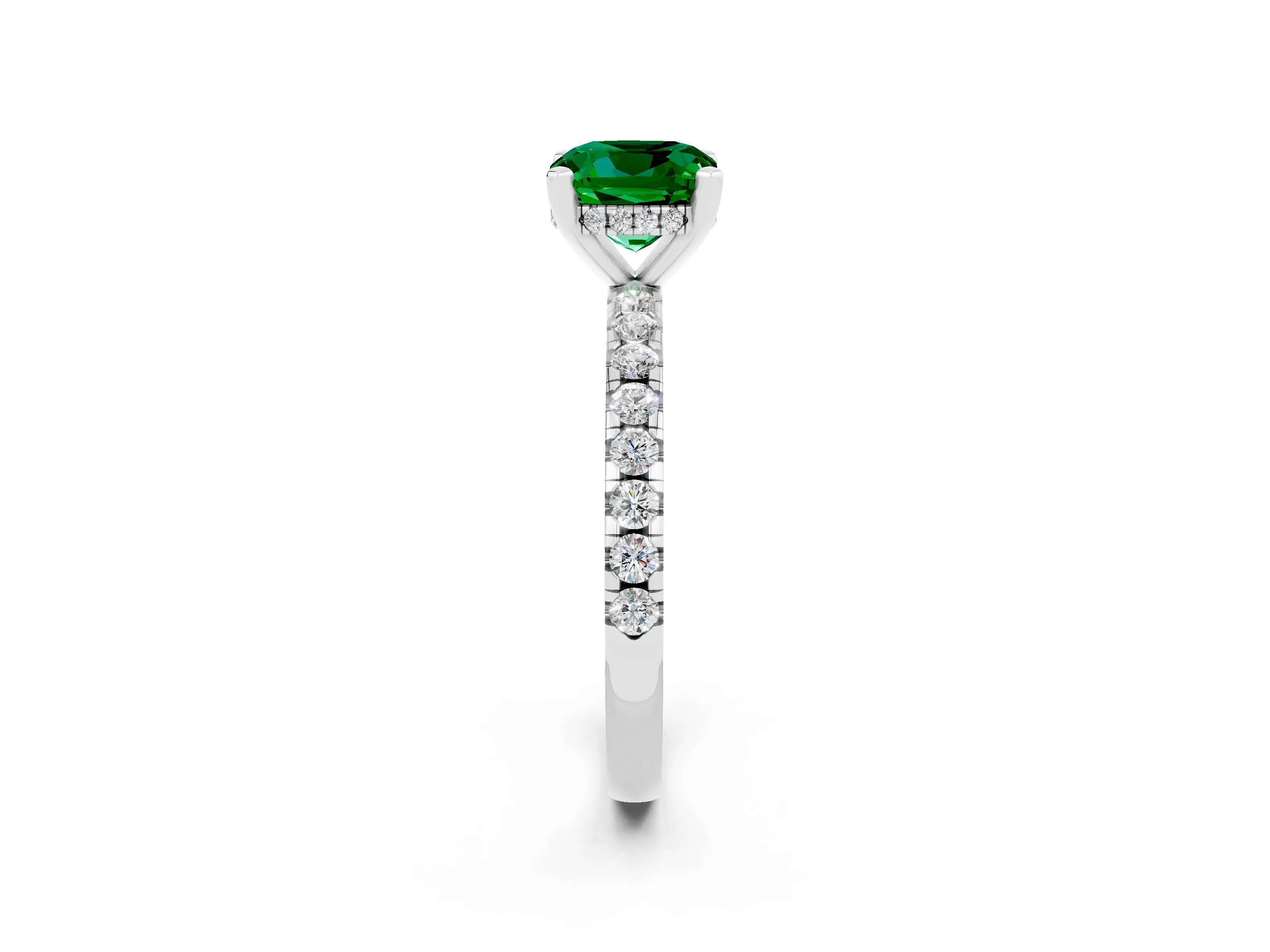 White gold Fancy White Cushion Cut Emerald Solitaire Ring with Pavé Band and Four-Prong Setting_14