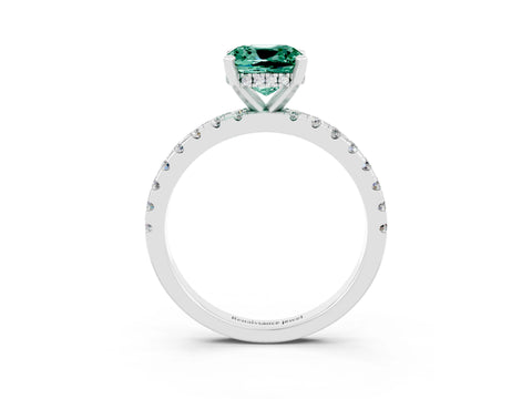 White gold Fancy White Cushion Cut Green Sapphire Solitaire Ring with Pavé Band and Four-Prong Setting_15