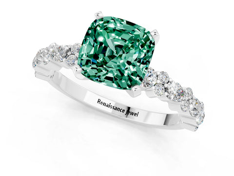 White gold Fancy White Cushion Cut Green Sapphire Solitaire with Side Stones, Pave Band, Four-Prong Setting_1