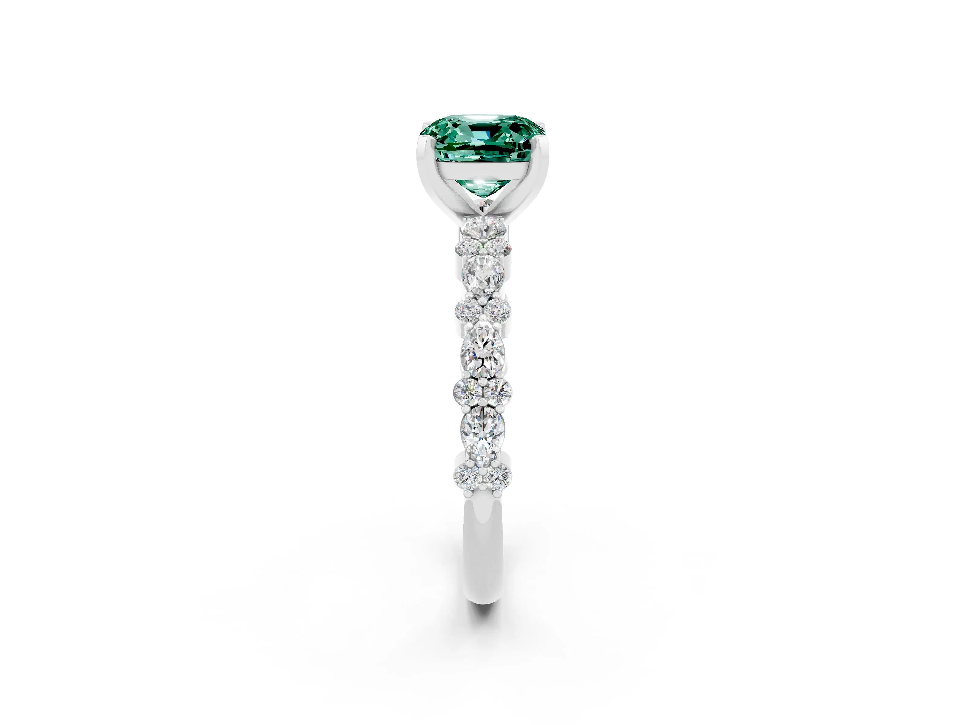 White gold Fancy White Cushion Cut Green Sapphire Solitaire with Side Stones, Pave Band, Four-Prong Setting_2
