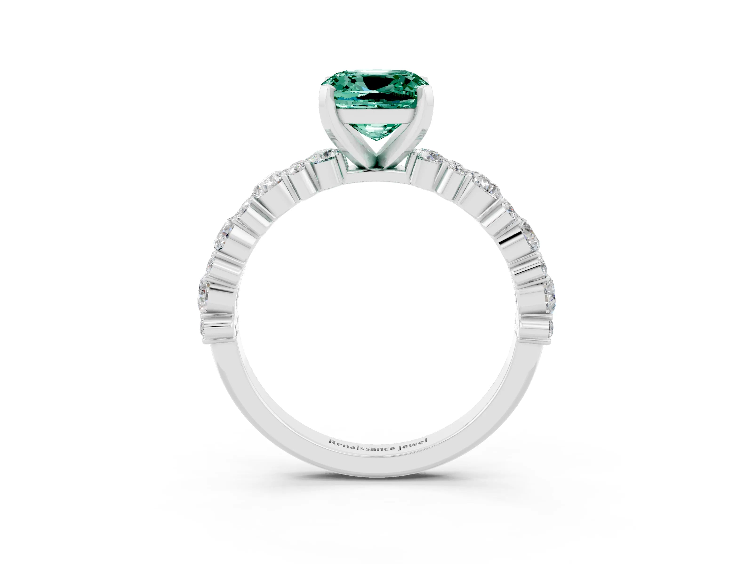 White gold Fancy White Cushion Cut Green Sapphire Solitaire with Side Stones, Pave Band, Four-Prong Setting_3