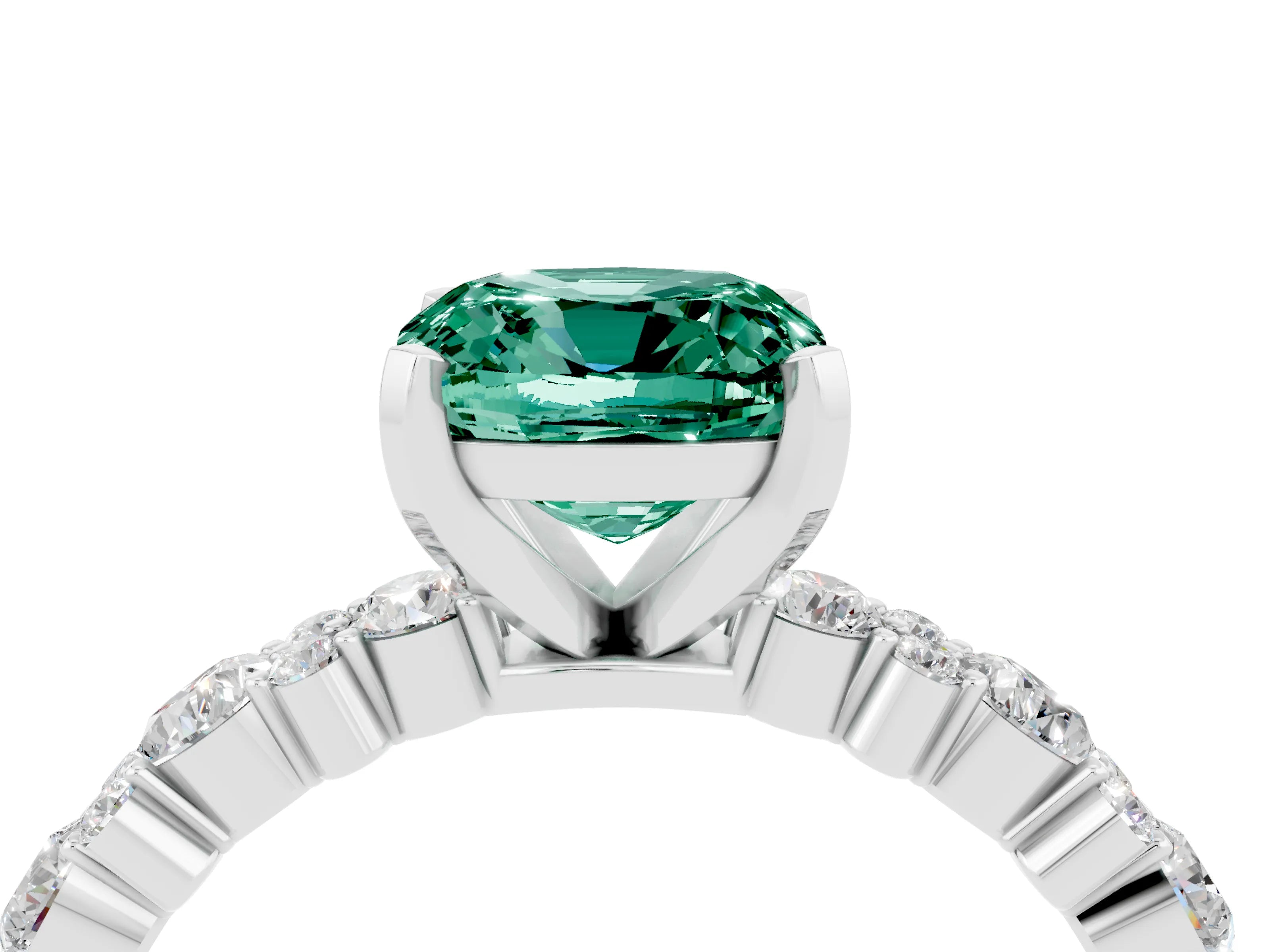 White gold Fancy White Cushion Cut Green Sapphire Solitaire with Side Stones, Pave Band, Four-Prong Setting_4