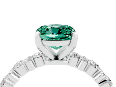 White gold Fancy White Cushion Cut Green Sapphire Solitaire with Side Stones, Pave Band, Four-Prong Setting_4