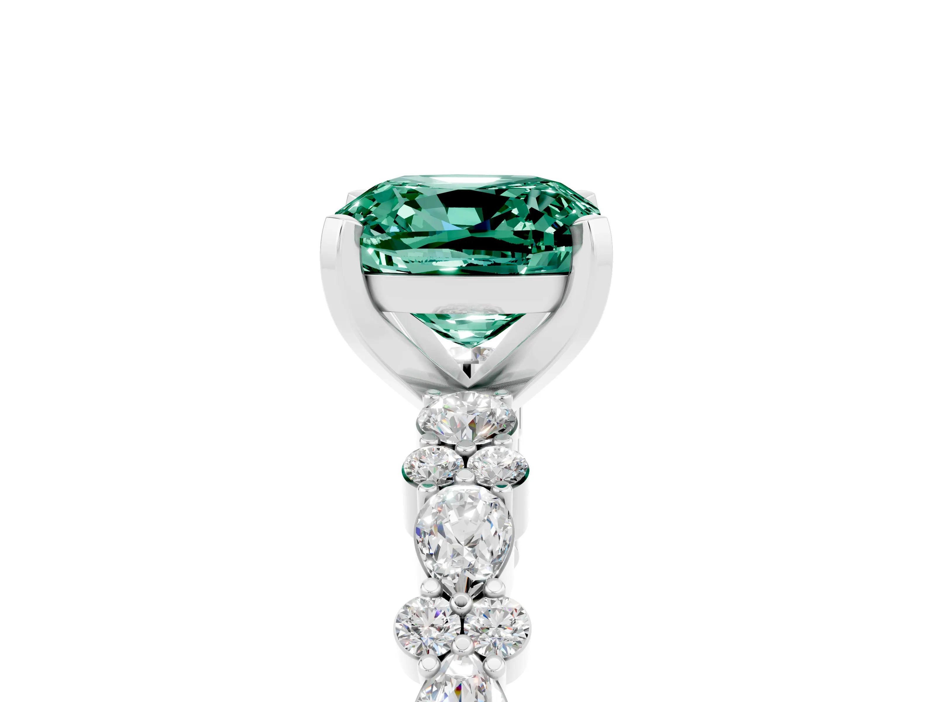 White gold Fancy White Cushion Cut Green Sapphire Solitaire with Side Stones, Pave Band, Four-Prong Setting_5