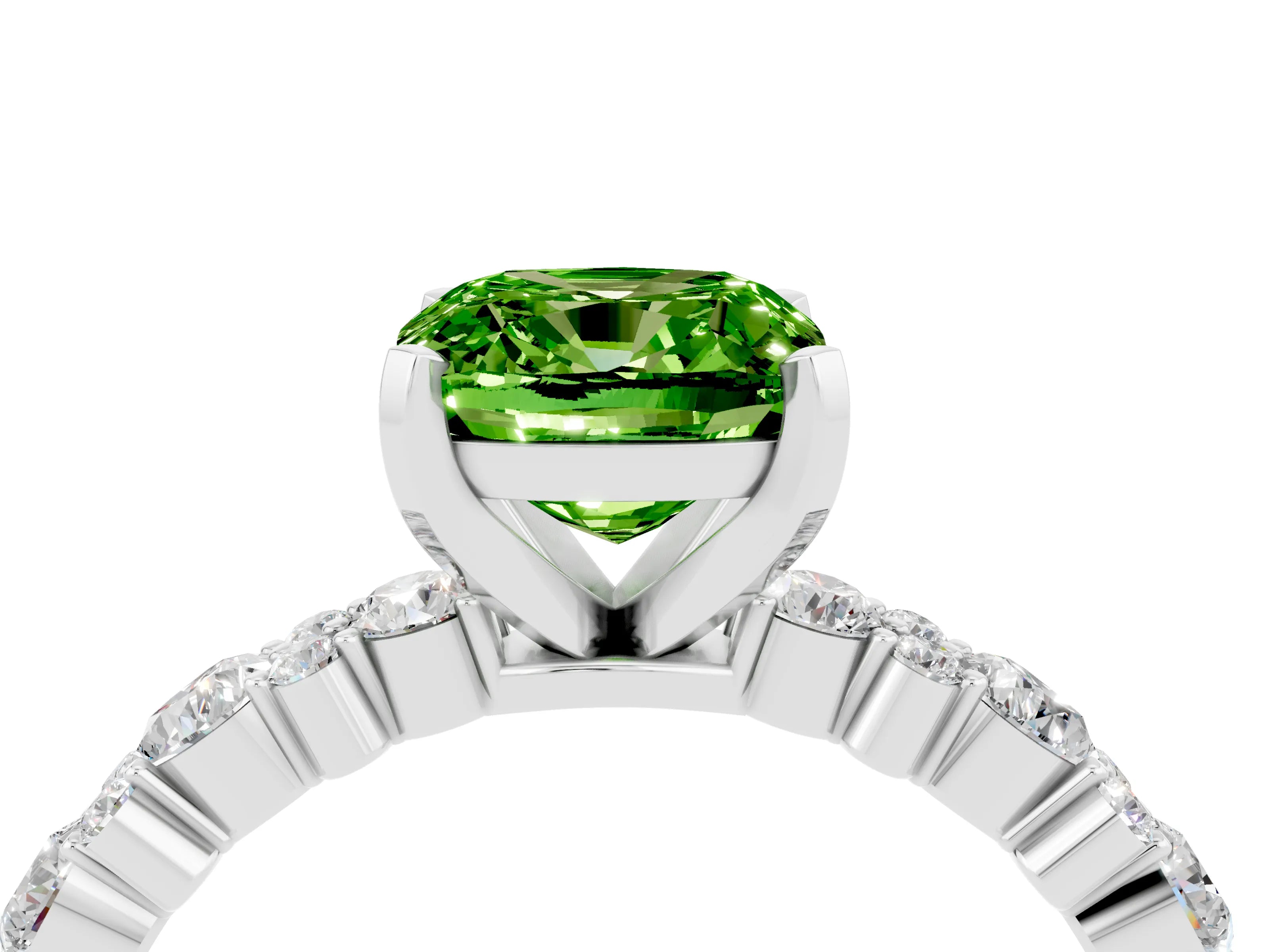 White gold Fancy White Cushion Cut Peridot Solitaire with Side Stones, Pave Band, Four-Prong Setting_16