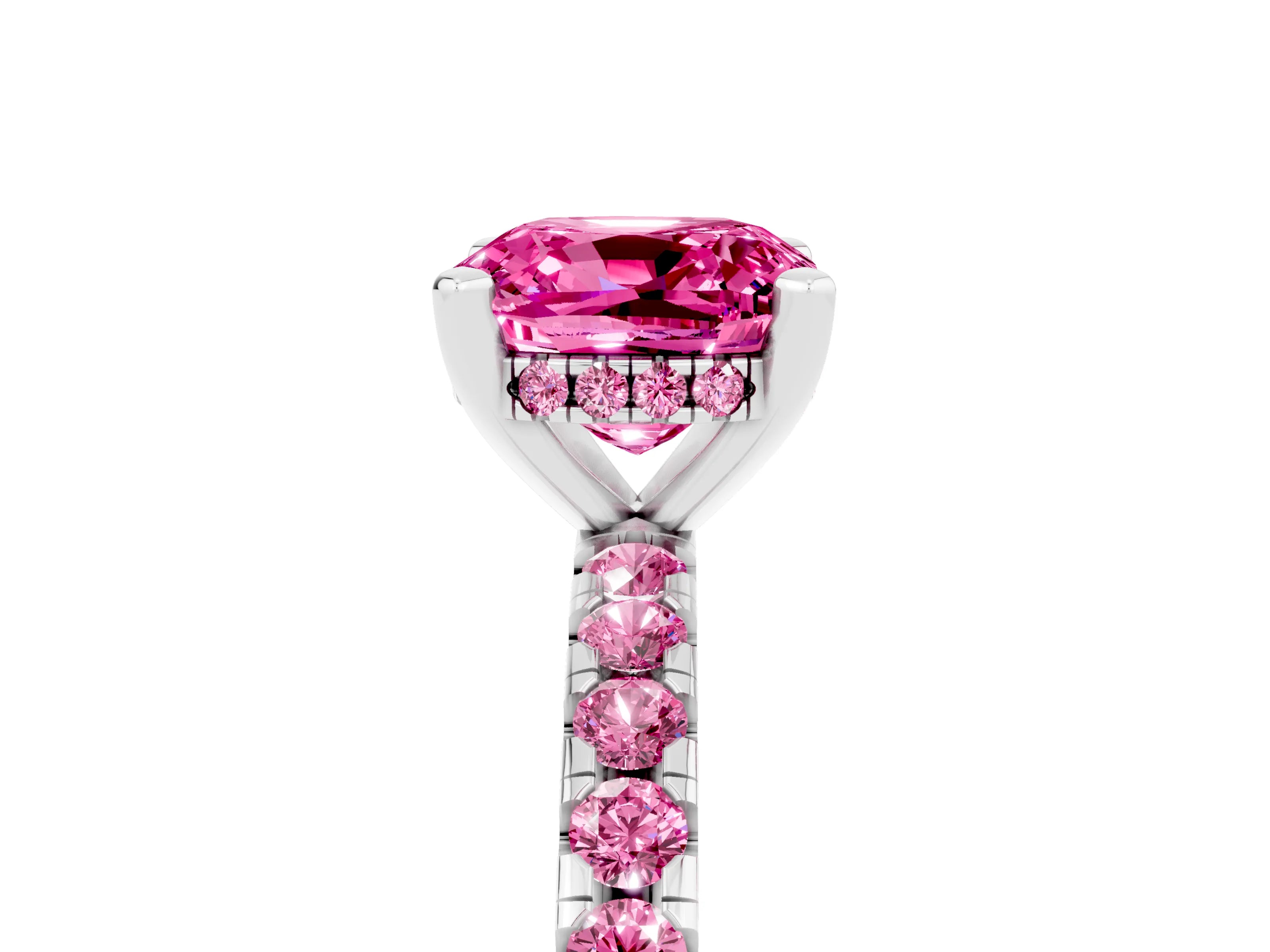 White gold Fancy White Cushion Cut Pink Sapphire Solitaire Ring with Pavé Band and Four-Prong Setting_5