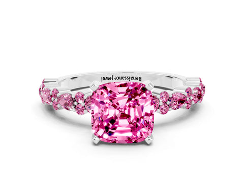 White gold Fancy White Cushion Cut Pink Sapphire Solitaire with Side Stones, Pave Band, Four-Prong Setting_12