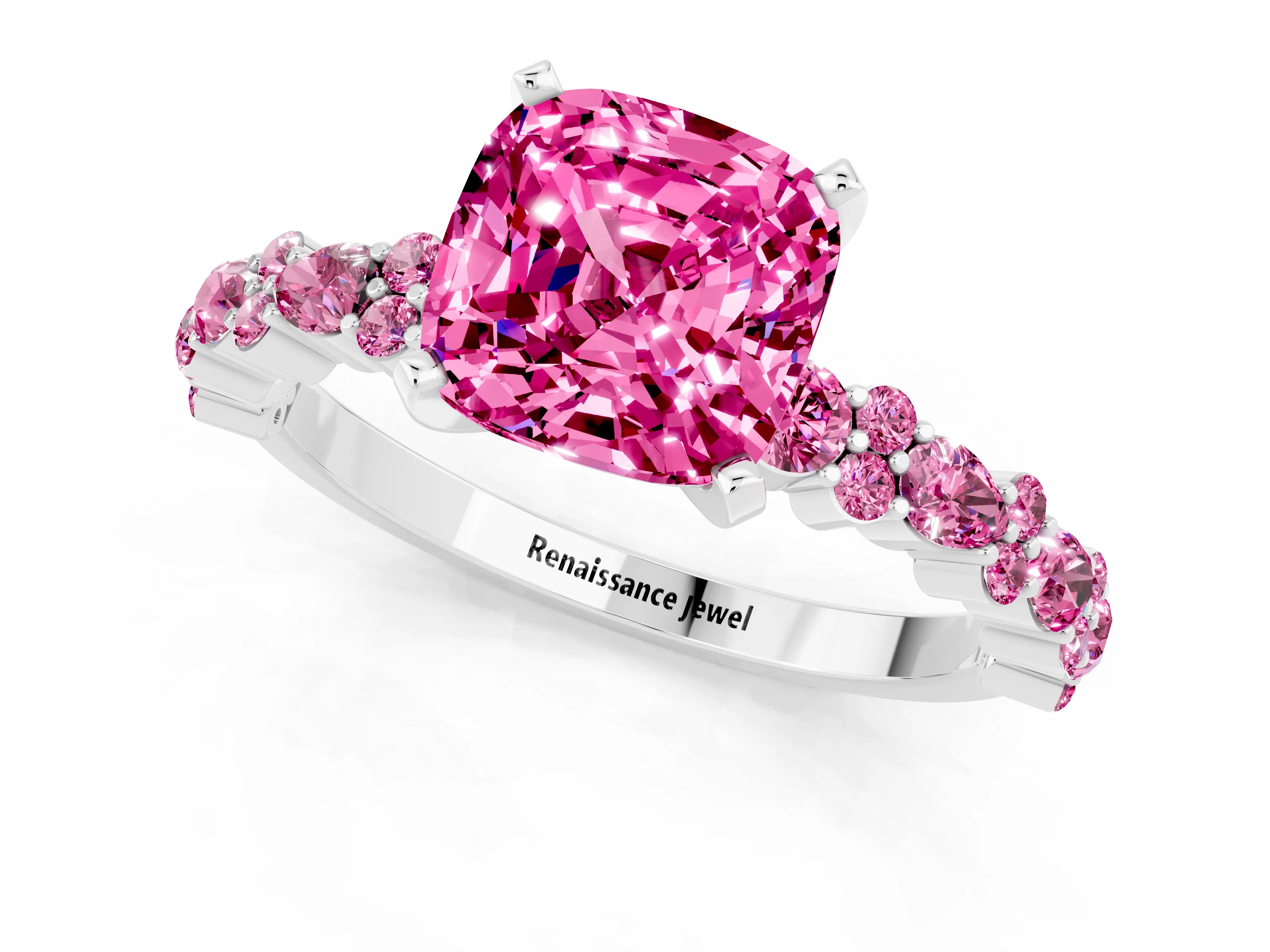 White gold Fancy White Cushion Cut Pink Sapphire Solitaire with Side Stones, Pave Band, Four-Prong Setting_13