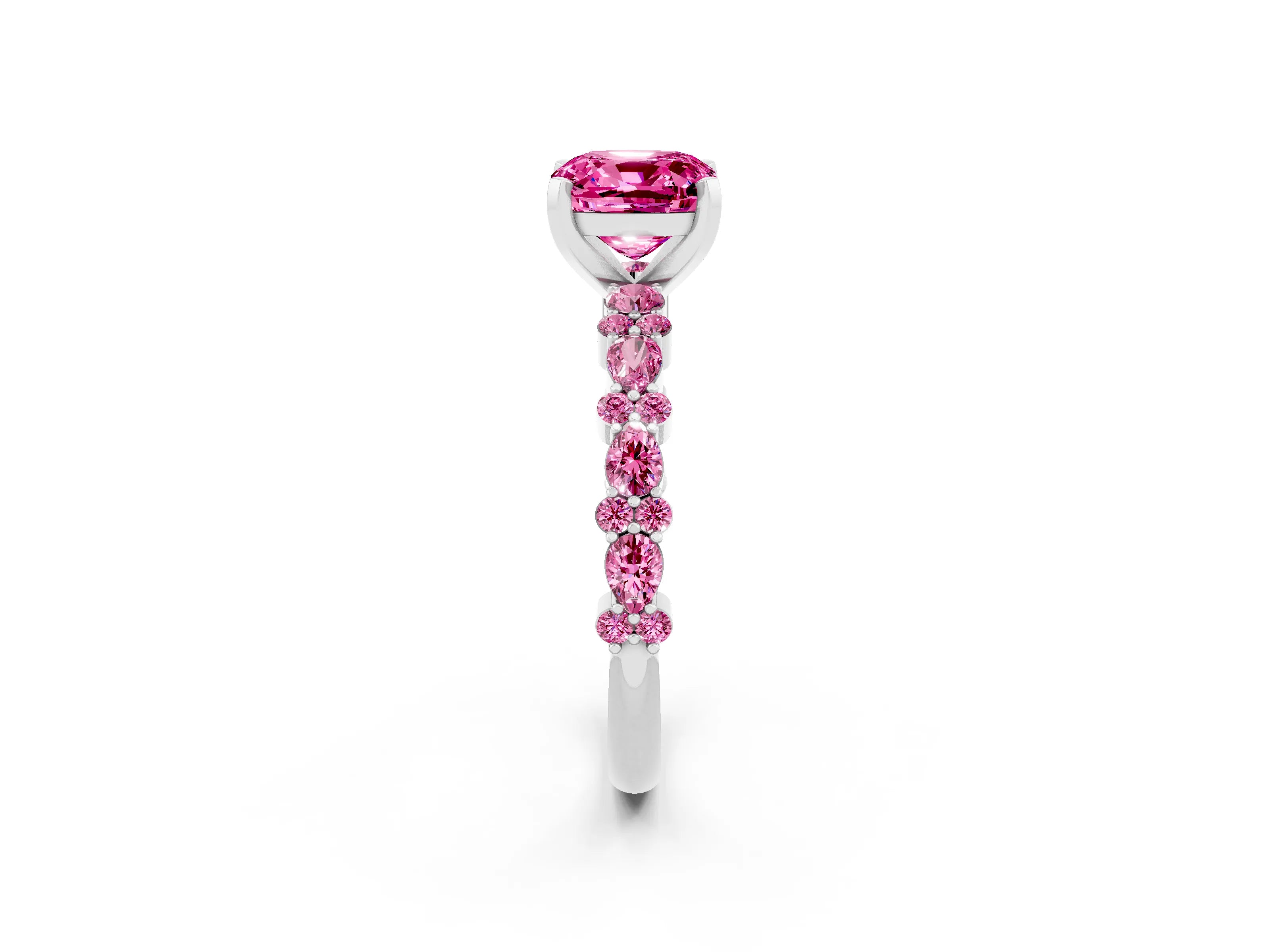 White gold Fancy White Cushion Cut Pink Sapphire Solitaire with Side Stones, Pave Band, Four-Prong Setting_14