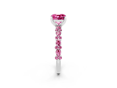 White gold Fancy White Cushion Cut Pink Sapphire Solitaire with Side Stones, Pave Band, Four-Prong Setting_14