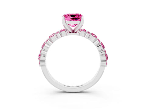 White gold Fancy White Cushion Cut Pink Sapphire Solitaire with Side Stones, Pave Band, Four-Prong Setting_15