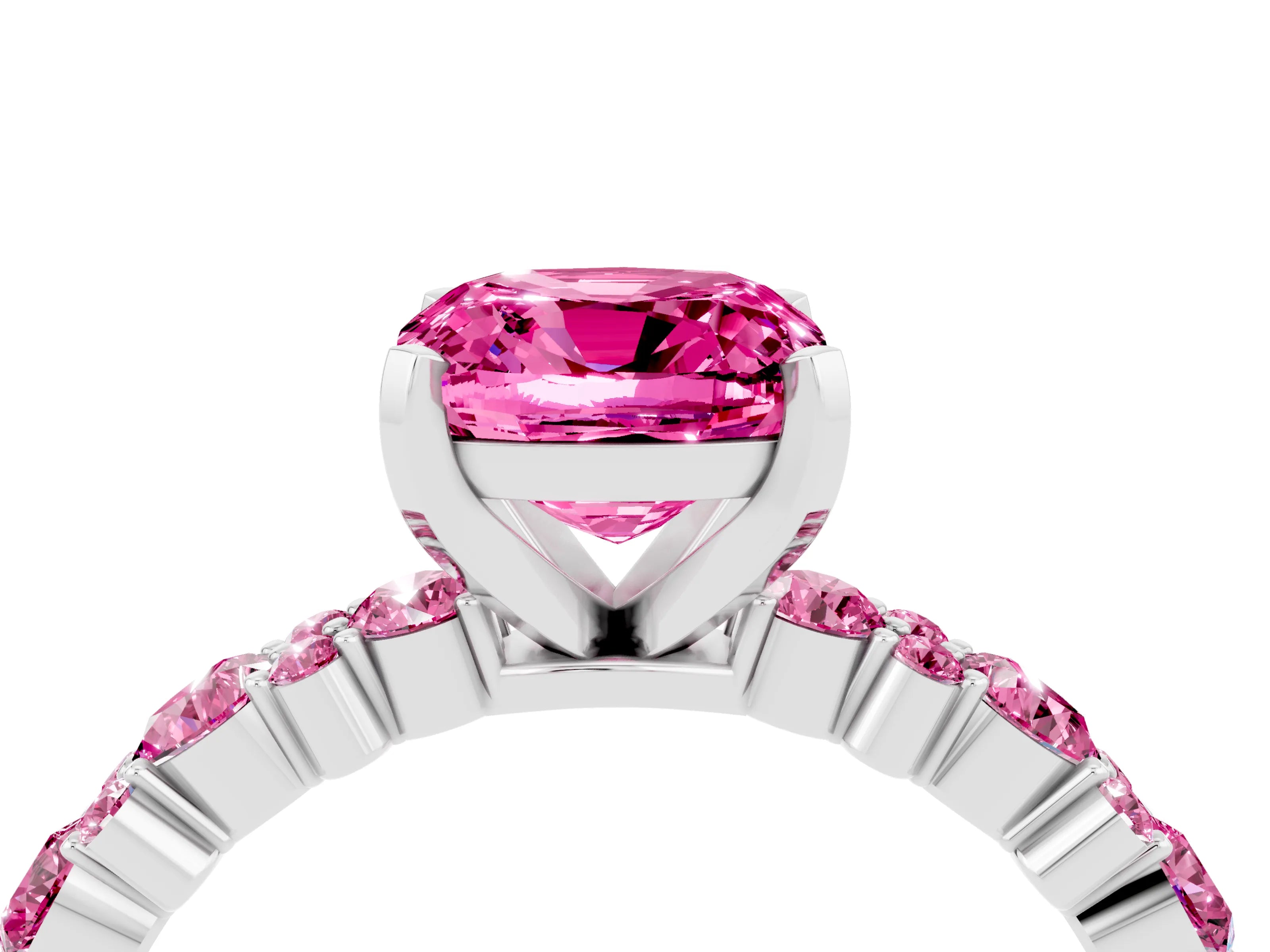 White gold Fancy White Cushion Cut Pink Sapphire Solitaire with Side Stones, Pave Band, Four-Prong Setting_16