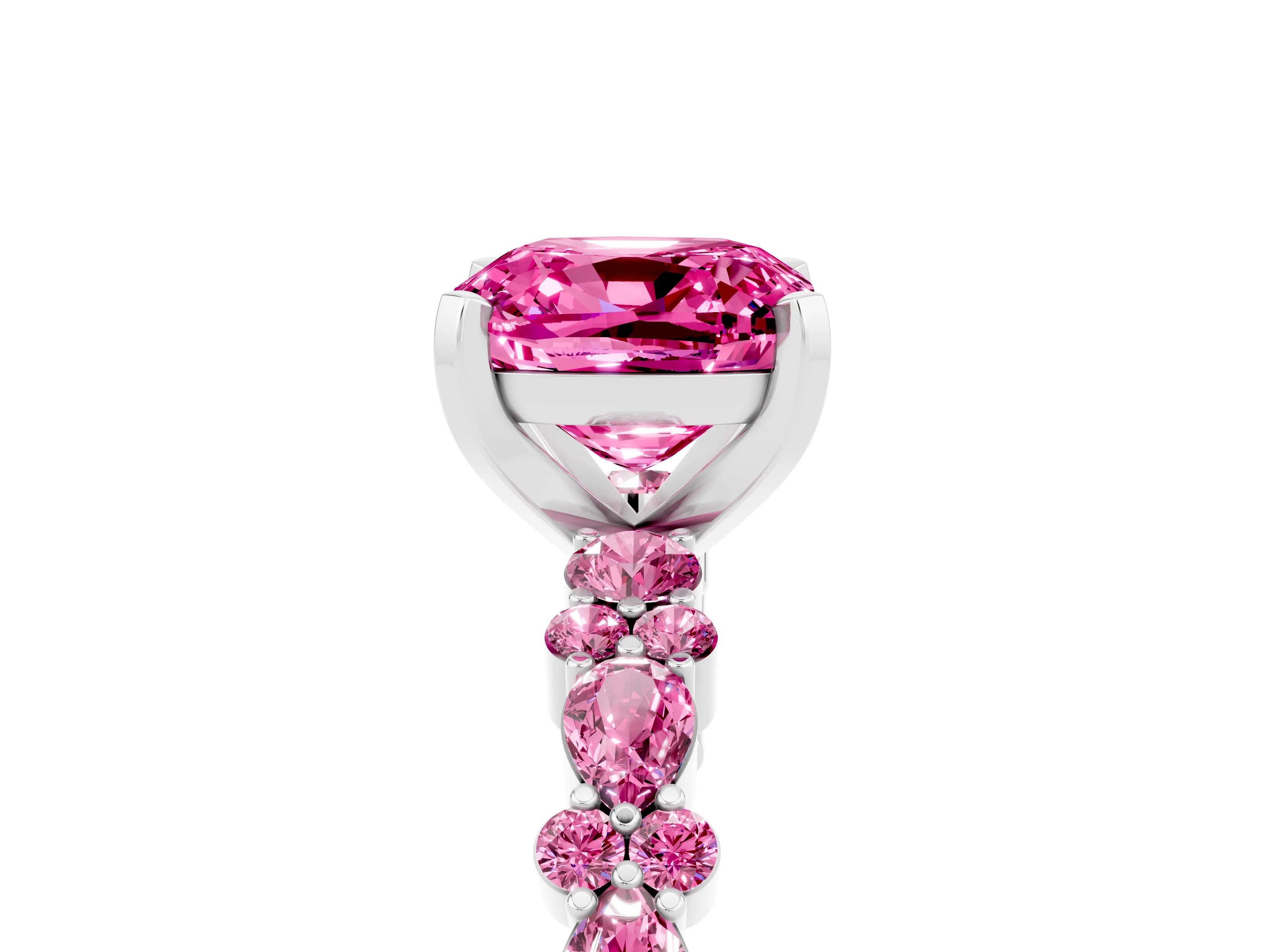 White gold Fancy White Cushion Cut Pink Sapphire Solitaire with Side Stones, Pave Band, Four-Prong Setting_17