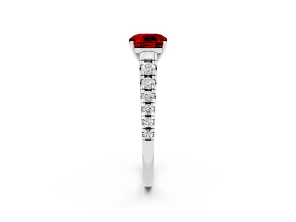Silver Cushion Cut Ruby Cathedral Solitaire Ring with Round  Pavé Band