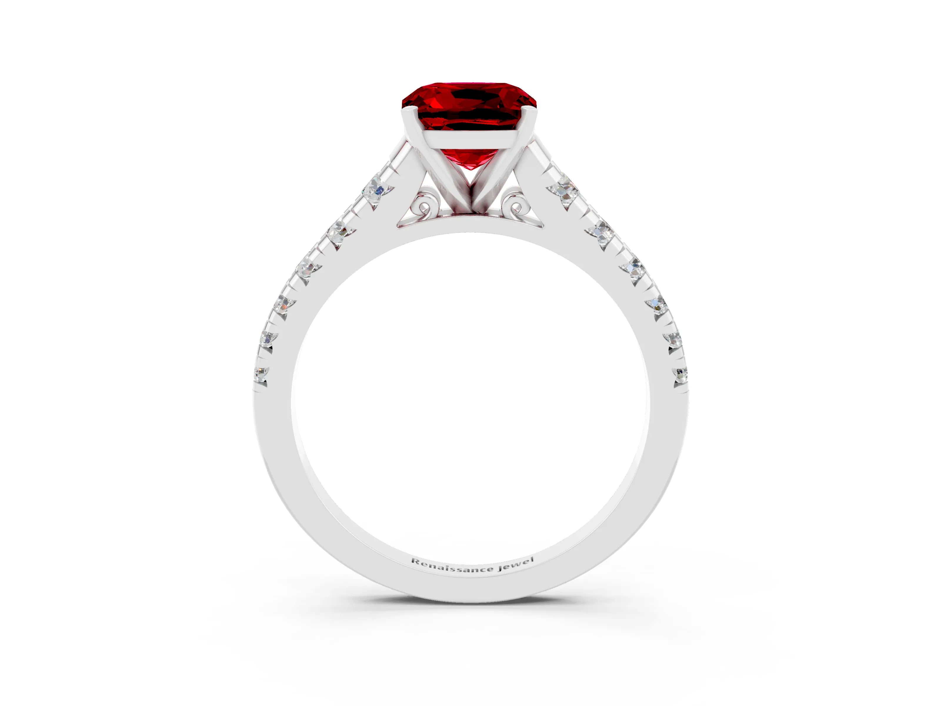 White gold Fancy White Cushion Cut Ruby Solitaire Ring with Cathedral Setting and Pavé Band_3