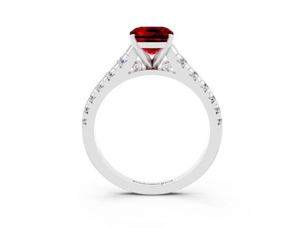 White gold Cushion Cut Ruby Cathedral Solitaire Ring with Round  Pavé Band
