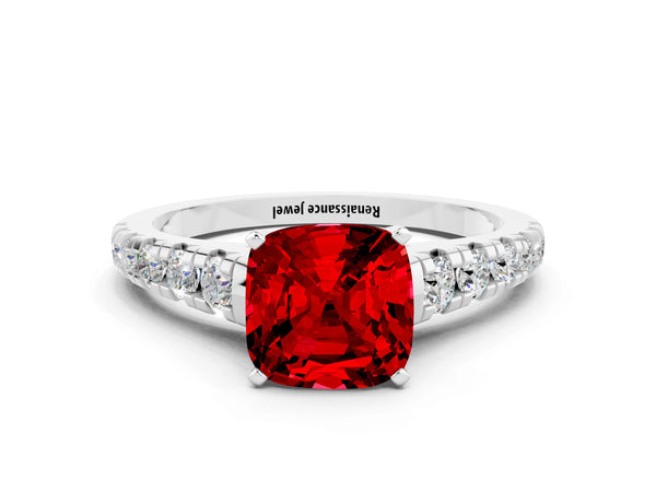 Silver Cushion Cut Ruby Cathedral Solitaire Ring with Round  Pavé Band