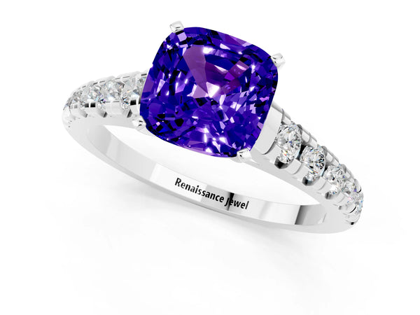 Platinum Cushion Cut Tanzanite Cathedral Solitaire Ring with Round  Pavé Band