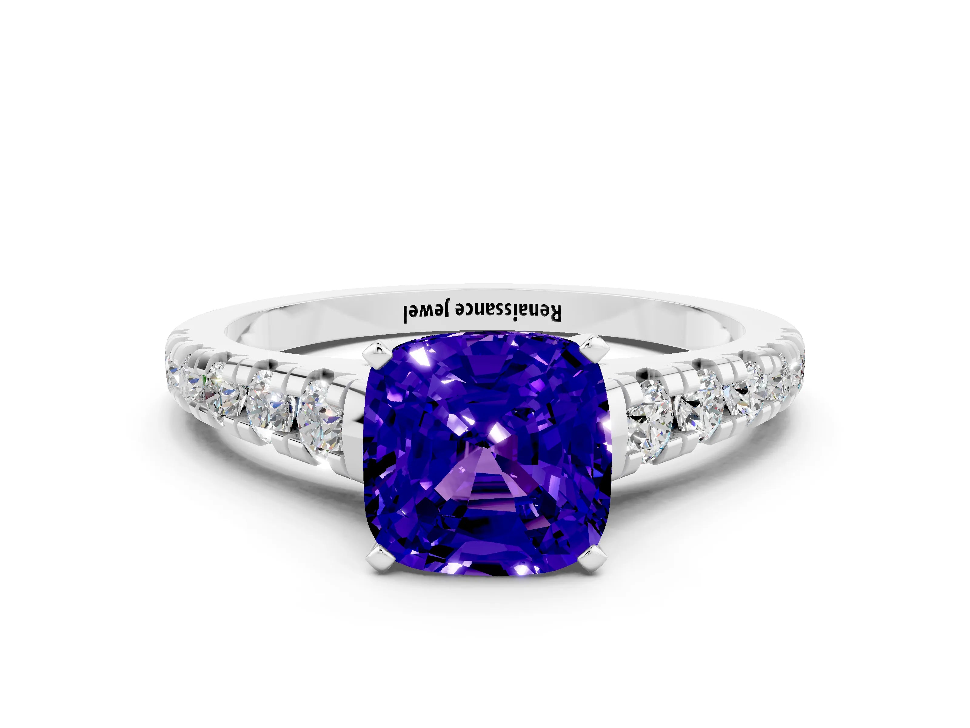 White gold Fancy White Cushion Cut Tanzanite Solitaire Ring with Cathedral Setting and Pavé Band