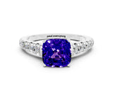 White gold Fancy White Cushion Cut Tanzanite Solitaire Ring with Cathedral Setting and Pavé Band