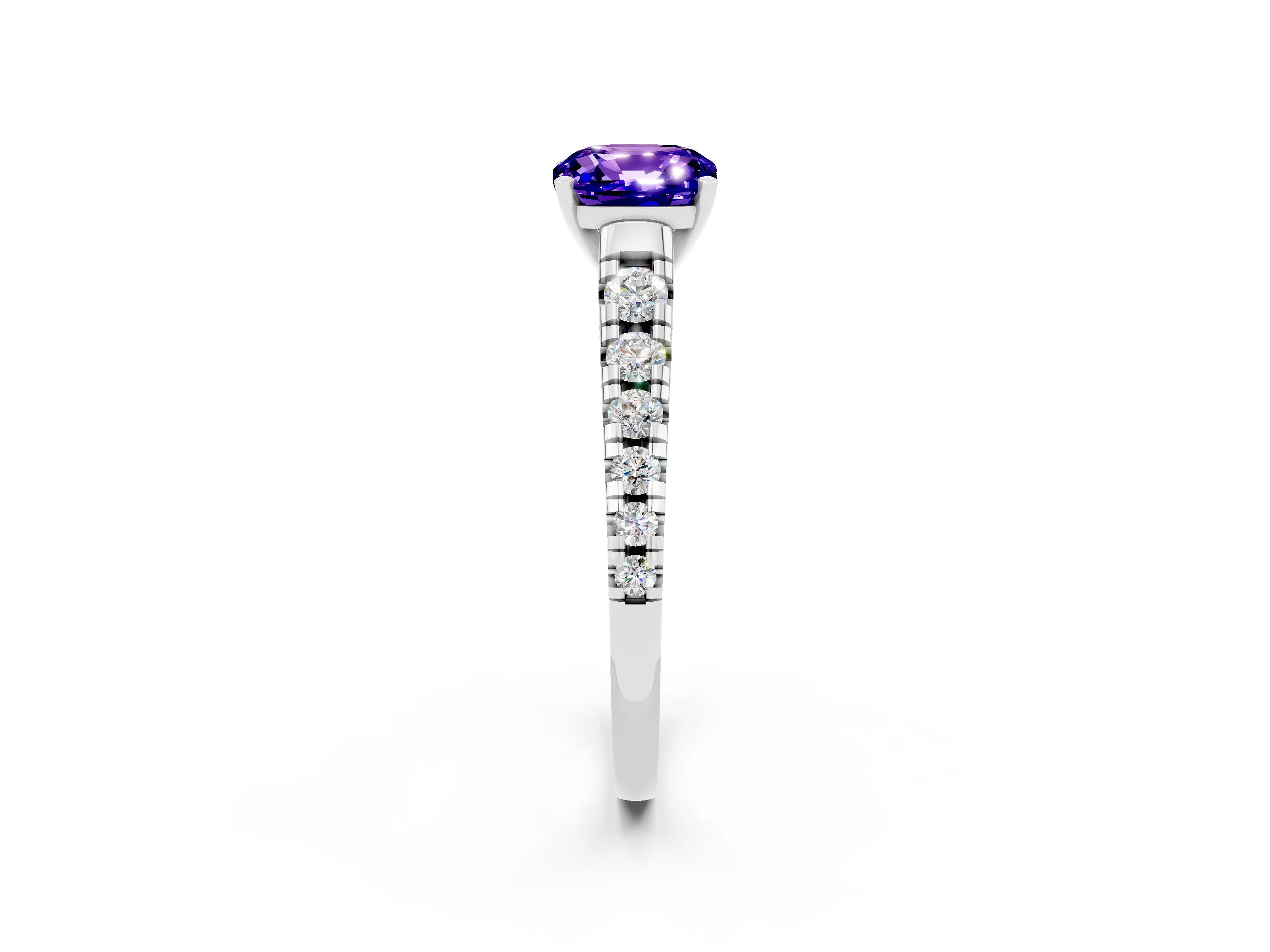 White gold Fancy White Cushion Cut Tanzanite Solitaire Ring with Cathedral Setting and Pavé Band_2