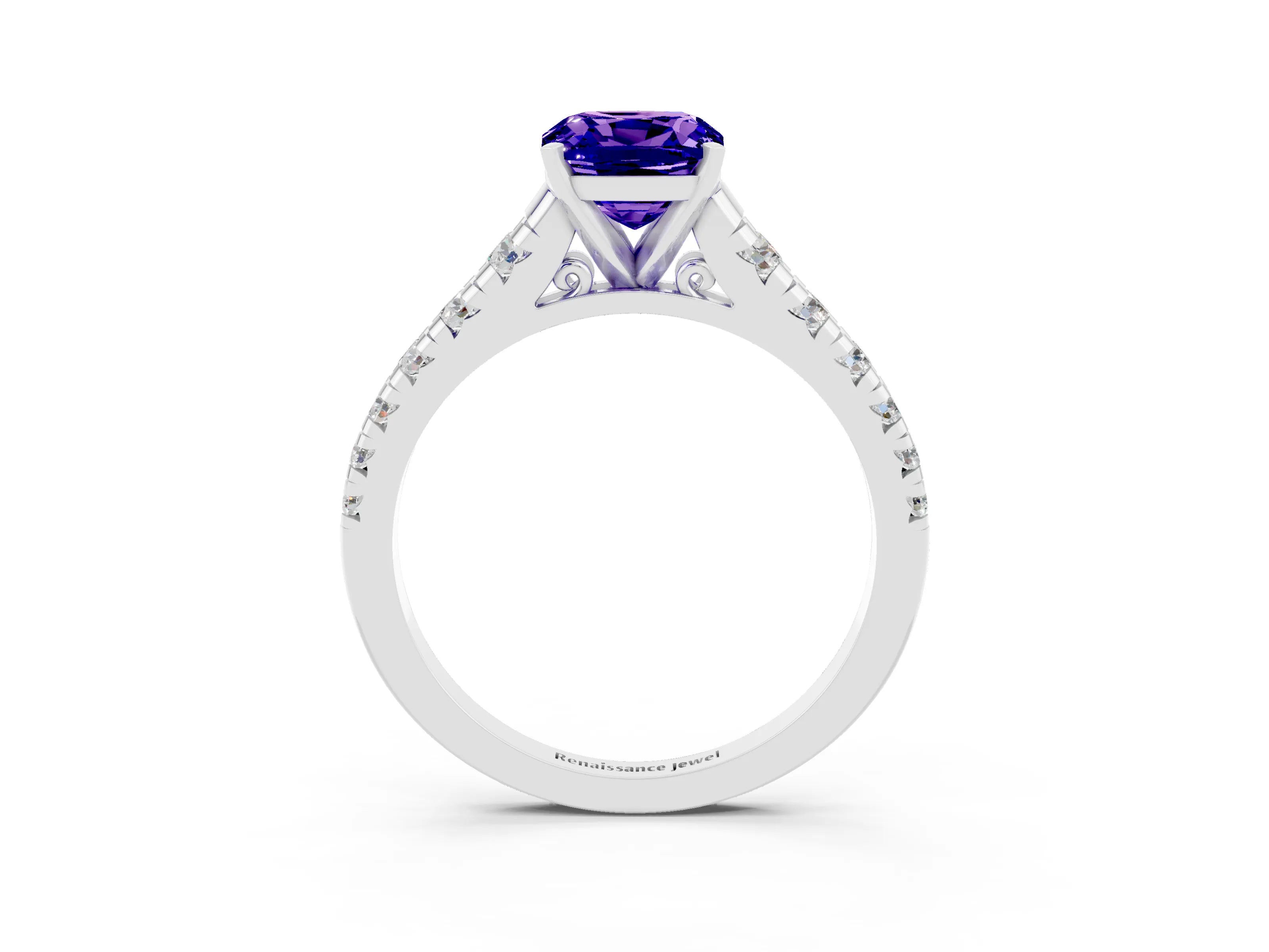 White gold Fancy White Cushion Cut Tanzanite Solitaire Ring with Cathedral Setting and Pavé Band_3