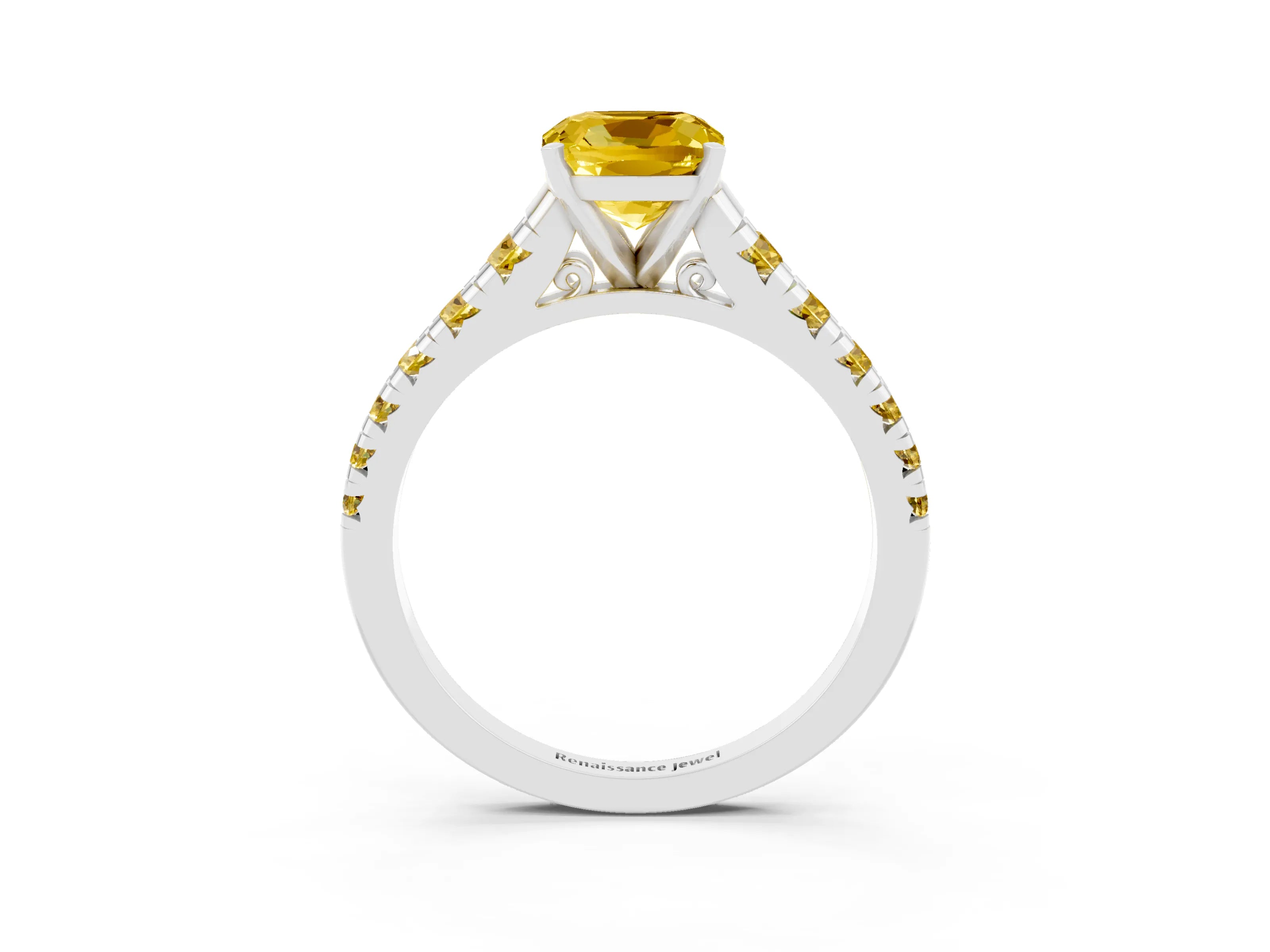 White gold Fancy White Cushion Cut Yellow Sapphire Solitaire Ring with Cathedral Setting and Pavé Band_3