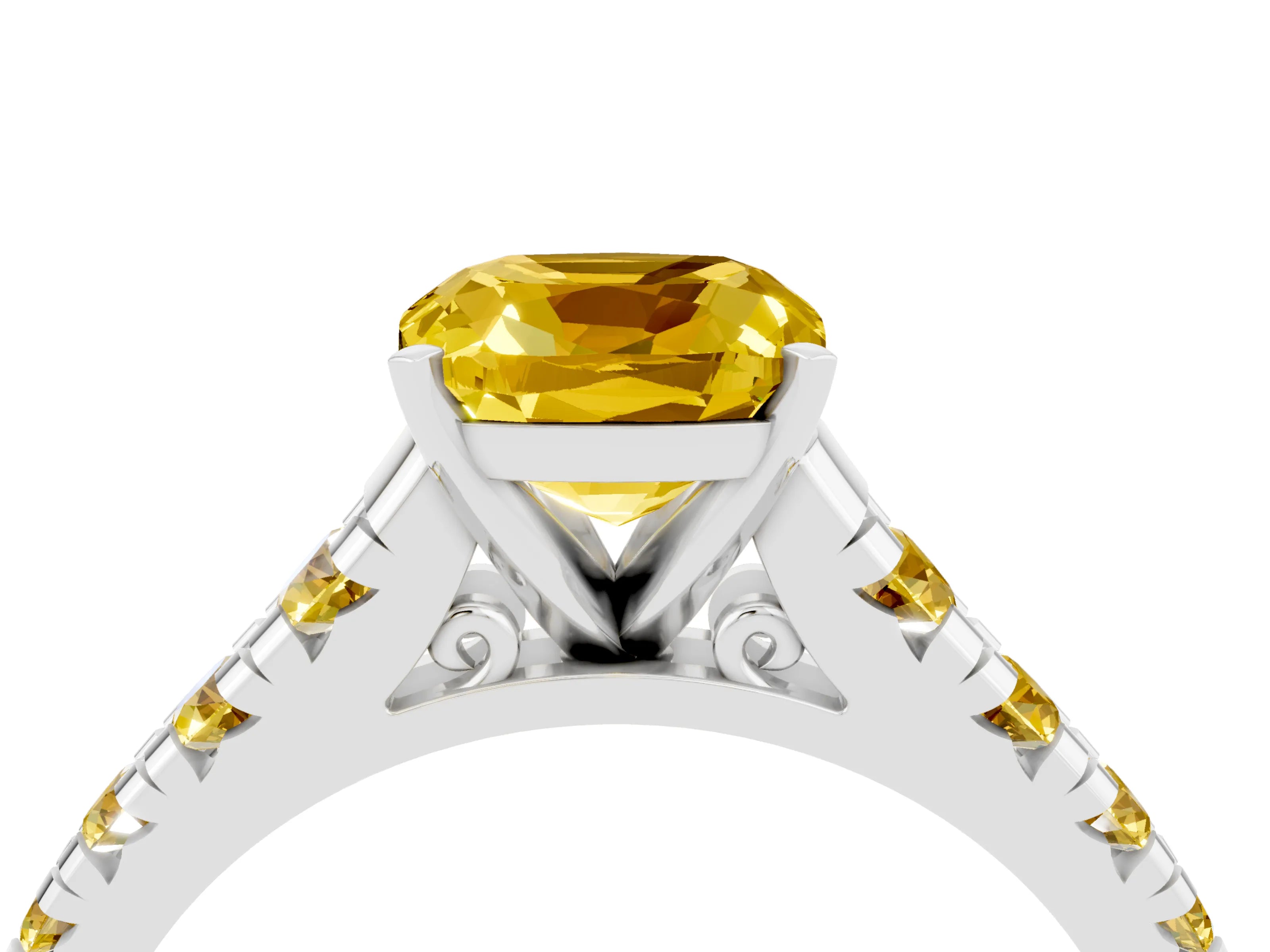 White gold Fancy White Cushion Cut Yellow Sapphire Solitaire Ring with Cathedral Setting and Pavé Band_4
