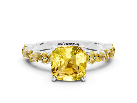 White gold Fancy White Cushion Cut Yellow Sapphire Solitaire with Side Stones, Pave Band, Four-Prong Setting_12