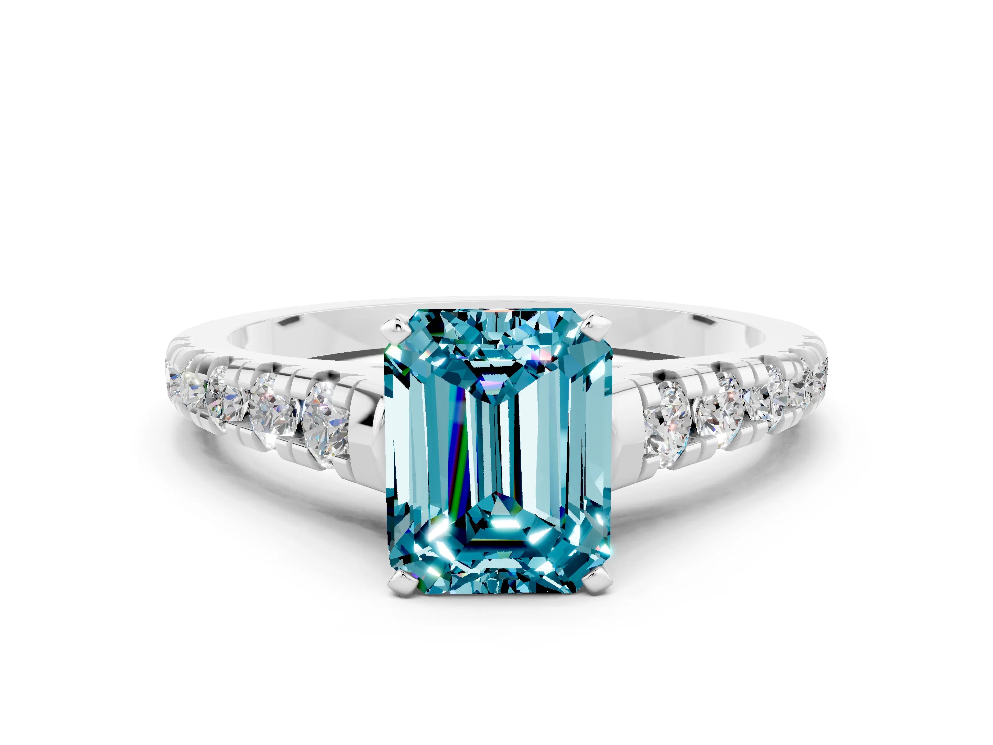 White gold Fancy White Emerald Cut Blue Topaz Solitaire Ring with Cathedral Setting and Pavé Band