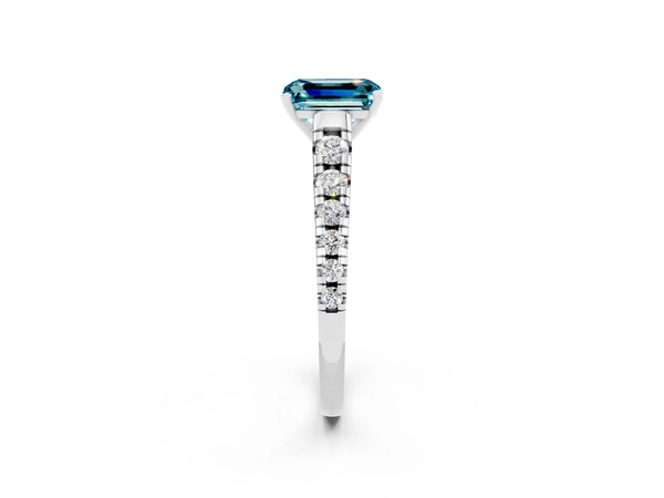 Silver Emerald Cut Blue Topaz Cathedral Solitaire Ring with Round  Pavé Band