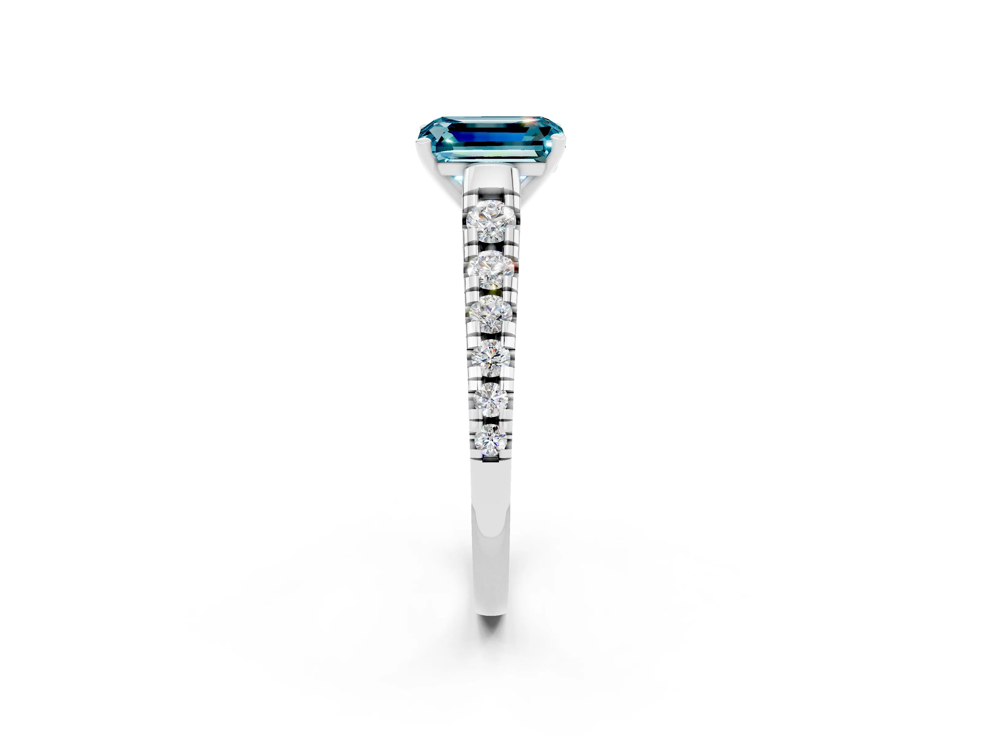 White gold Fancy White Emerald Cut Blue Topaz Solitaire Ring with Cathedral Setting and Pavé Band_2