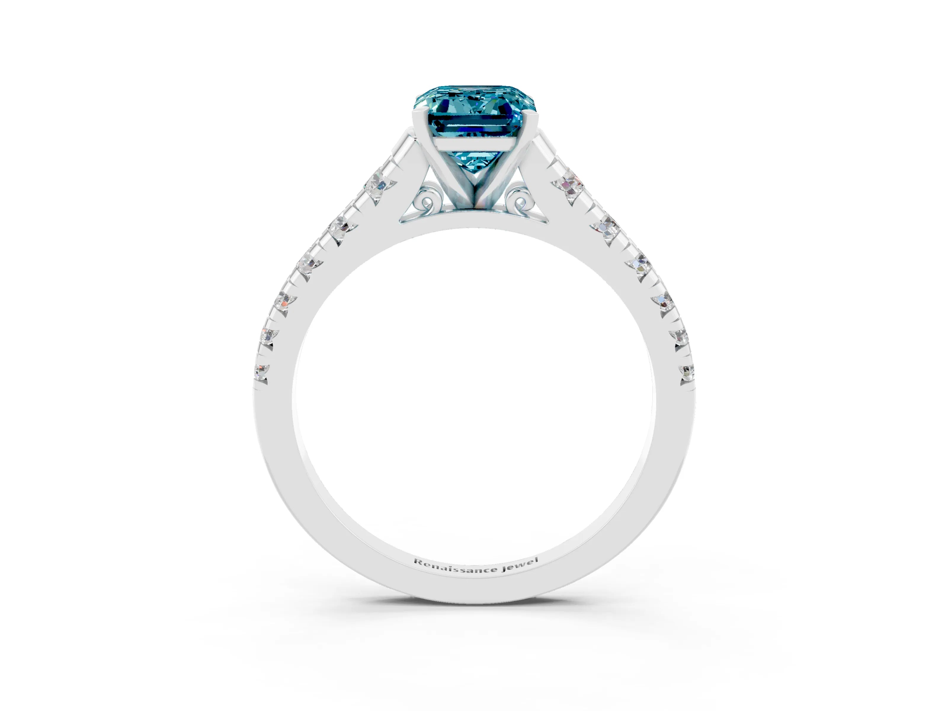 White gold Fancy White Emerald Cut Blue Topaz Solitaire Ring with Cathedral Setting and Pavé Band_3