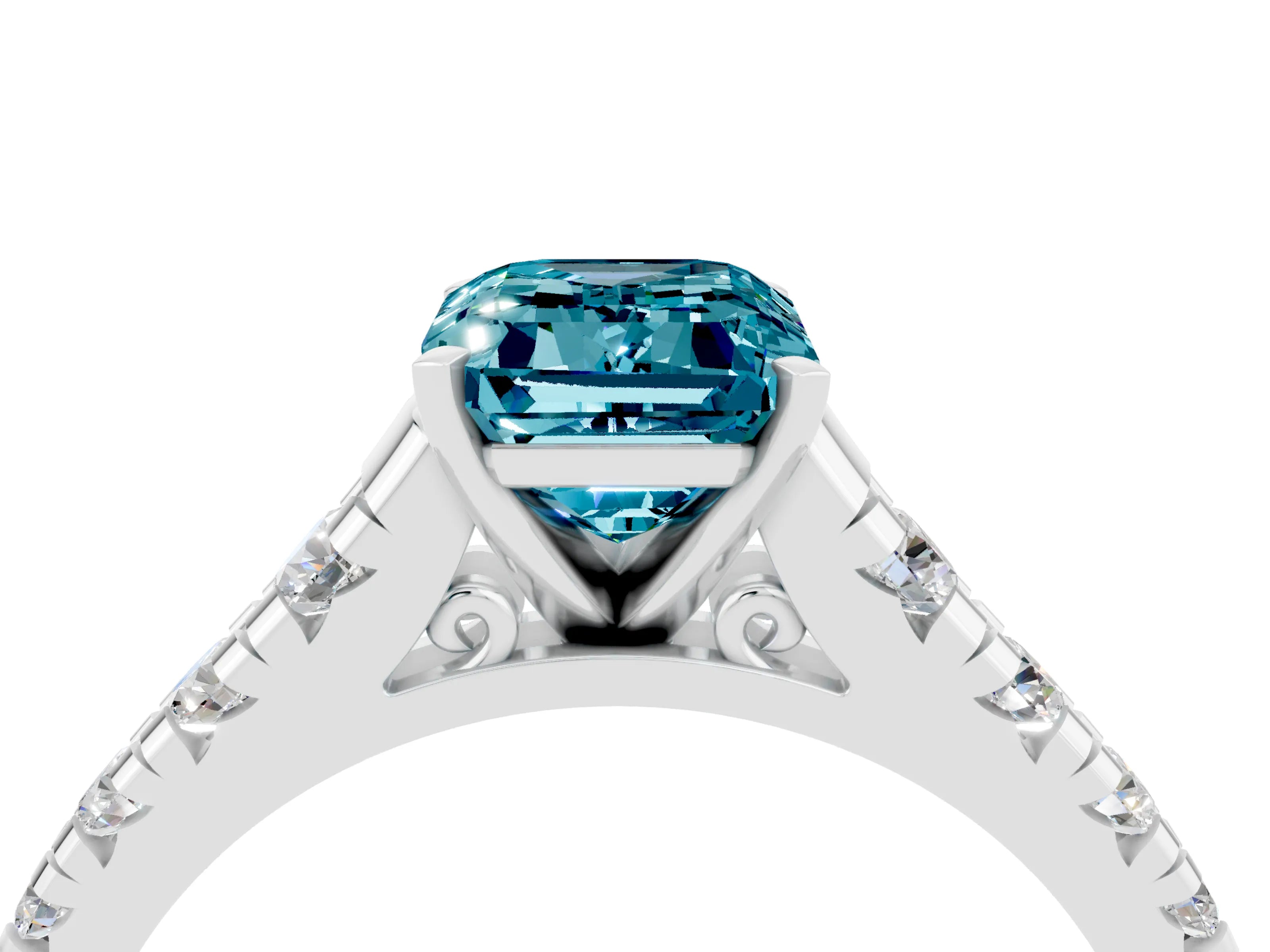 White gold Fancy White Emerald Cut Blue Topaz Solitaire Ring with Cathedral Setting and Pavé Band_4