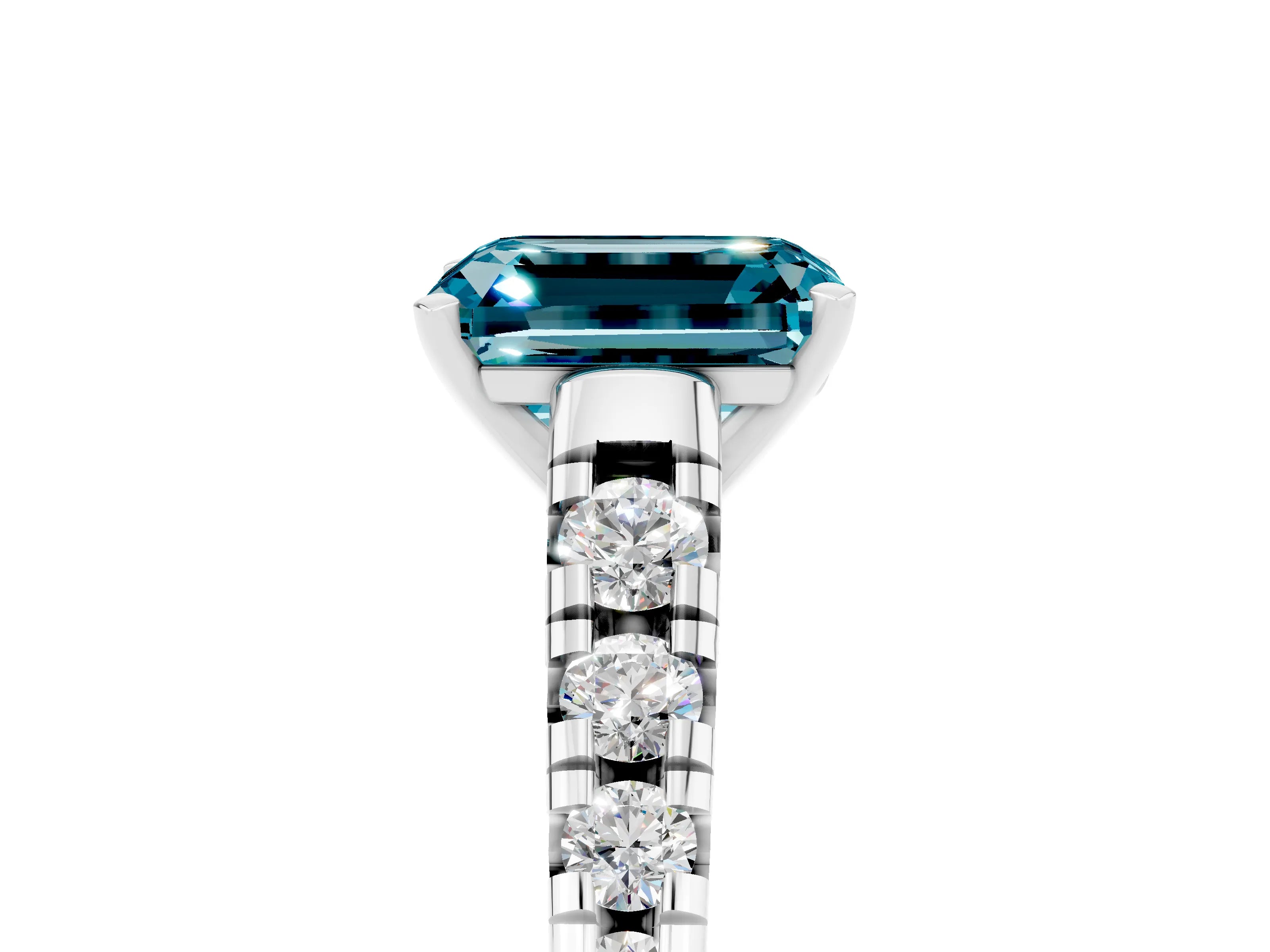 White gold Fancy White Emerald Cut Blue Topaz Solitaire Ring with Cathedral Setting and Pavé Band_5