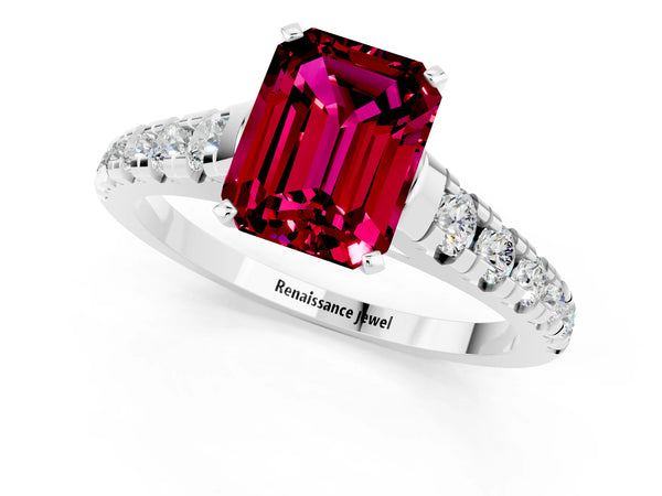 Silver Emerald Cut Garnet Cathedral Solitaire Ring with Round  Pavé Band