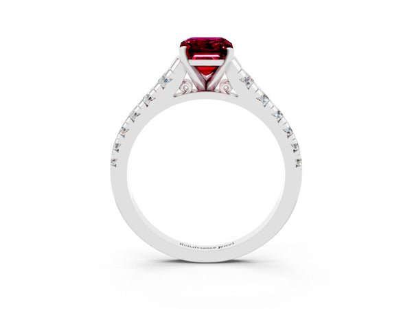 Platinum Emerald Cut Garnet Cathedral Solitaire Ring with Round  Pavé Band