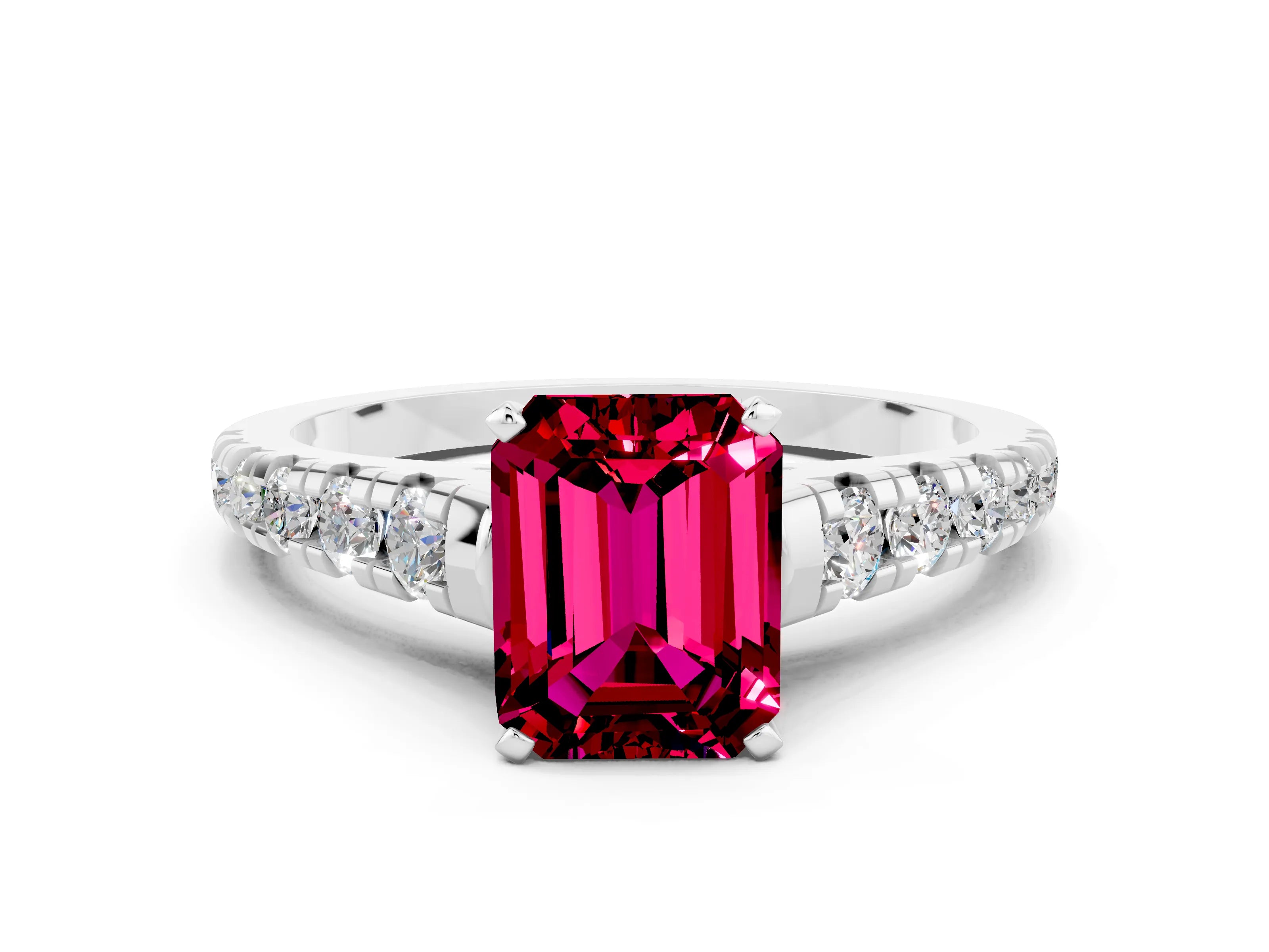 White gold Fancy White Emerald Cut Garnet Solitaire Ring with Cathedral Setting and Pavé Band