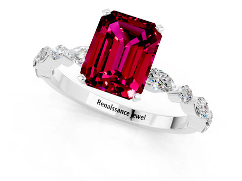 White gold Fancy White Emerald Cut Garnet Solitaire with Side Stones on a Pavé Band and Four-Prong Setting_1