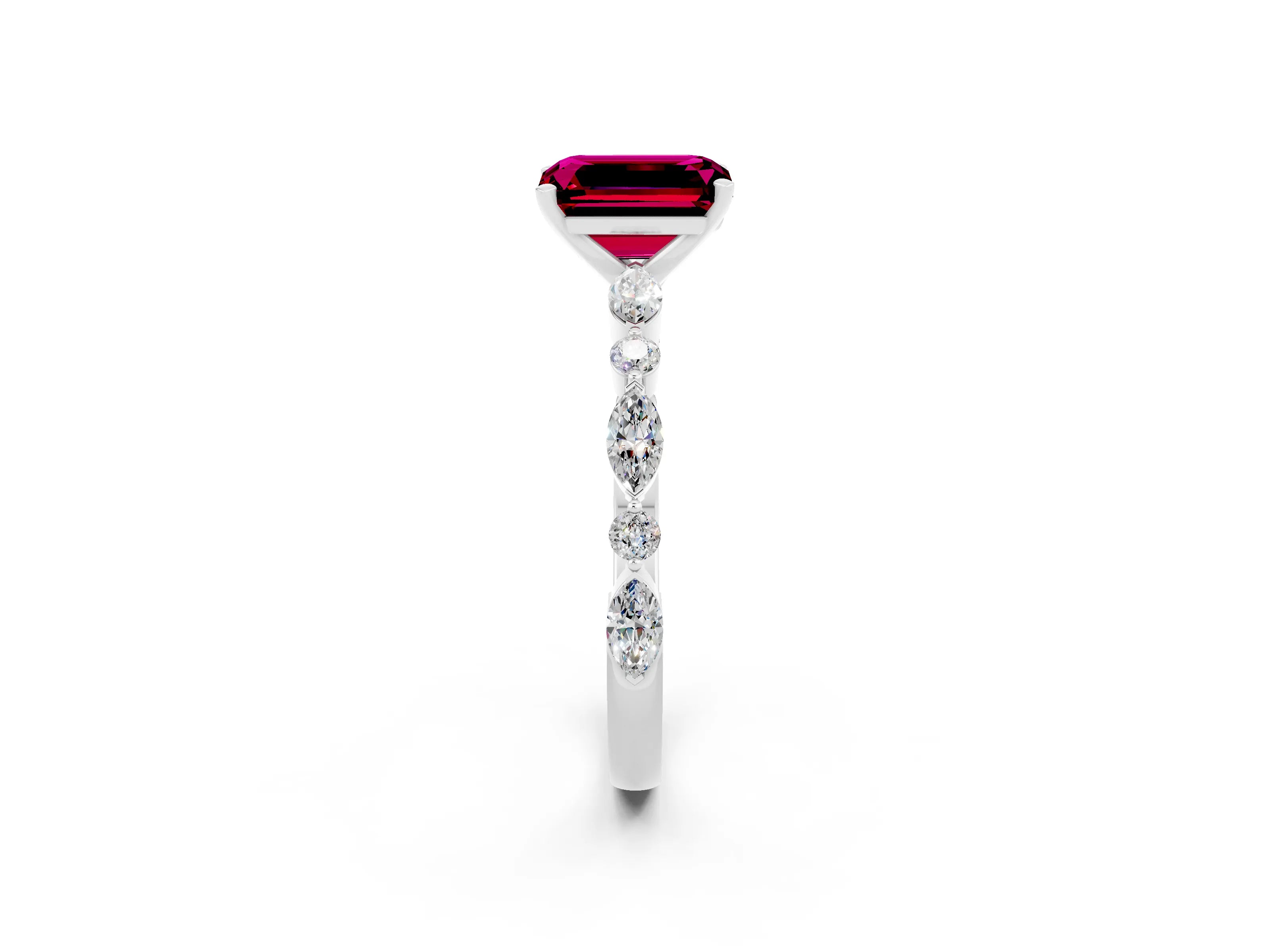 White gold Fancy White Emerald Cut Garnet Solitaire with Side Stones on a Pavé Band and Four-Prong Setting_2