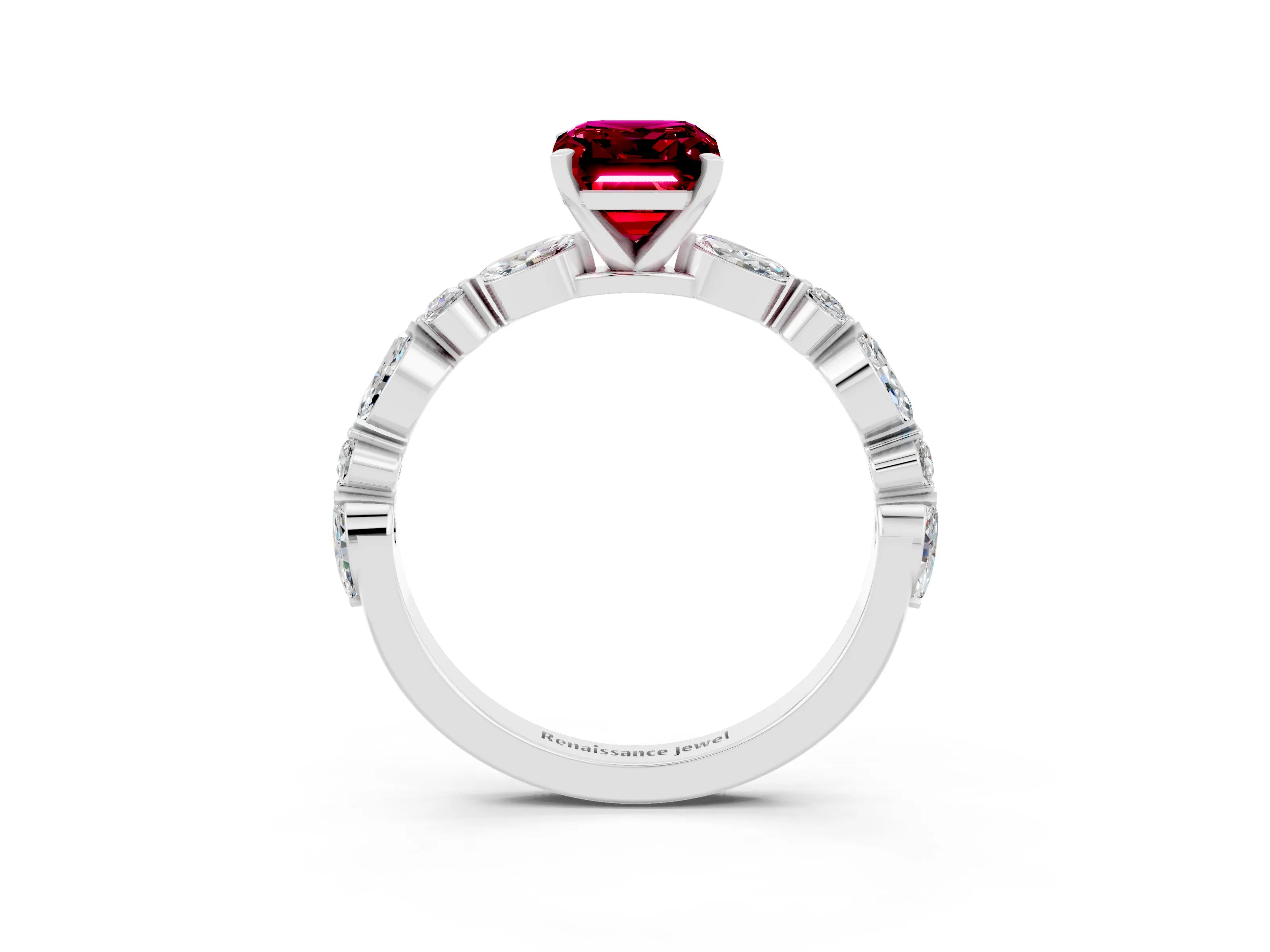 White gold Fancy White Emerald Cut Garnet Solitaire with Side Stones on a Pavé Band and Four-Prong Setting_3