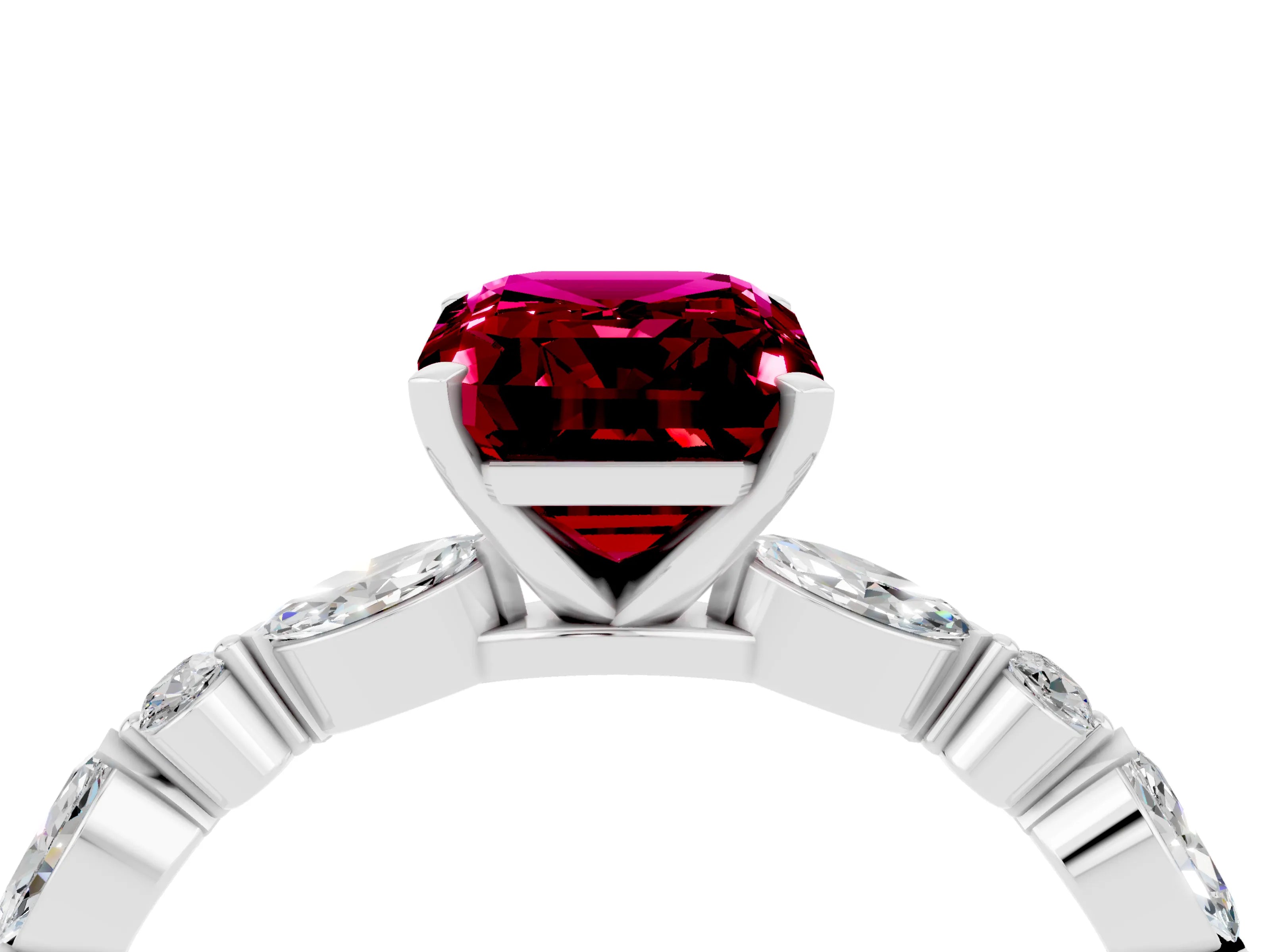White gold Fancy White Emerald Cut Garnet Solitaire with Side Stones on a Pavé Band and Four-Prong Setting_4
