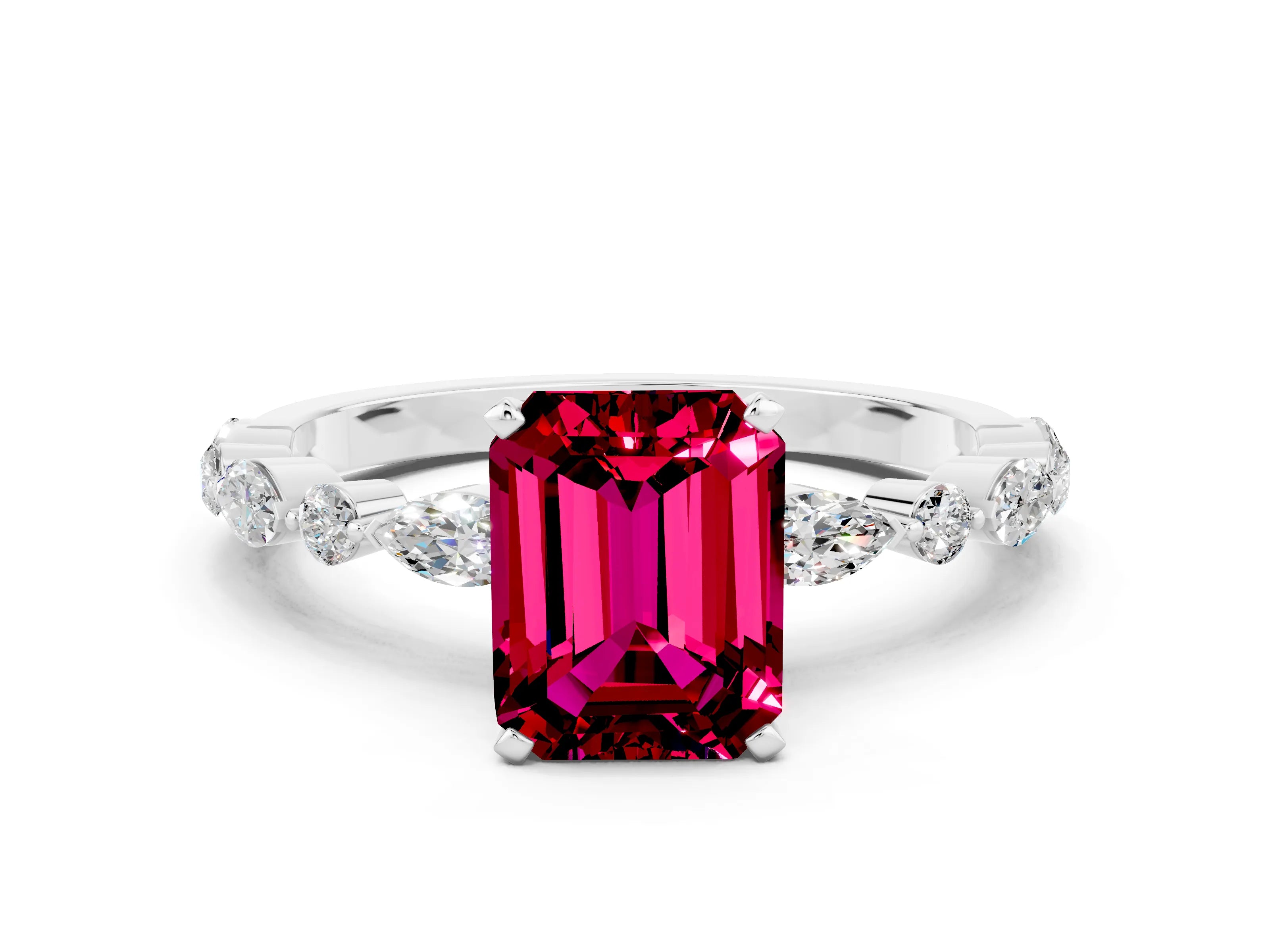 White gold Fancy White Emerald Cut Garnet Solitaire with Side Stones on a Pavé Band and Four-Prong Setting