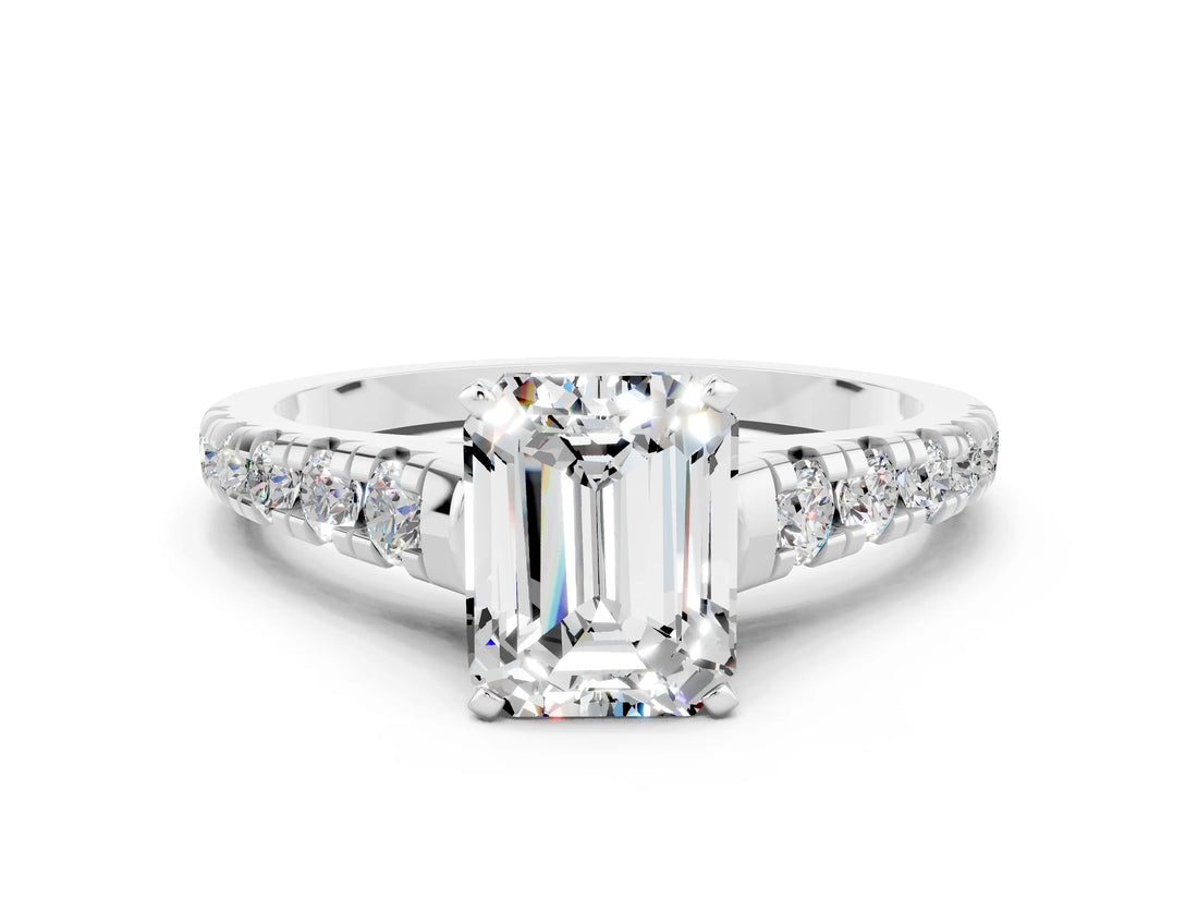 White gold Fancy White Emerald Cut Moissanite Solitaire Ring with Cathedral Setting and Pavé Band