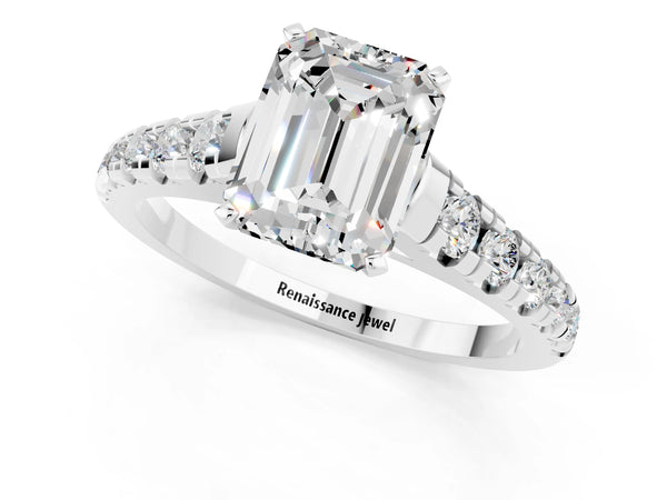 Silver Emerald Cut Moissanite Cathedral Solitaire Ring with Round  Pavé Band