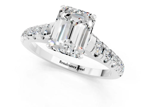 White gold Fancy White Emerald Cut Moissanite Solitaire Ring with Cathedral Setting and Pavé Band_1