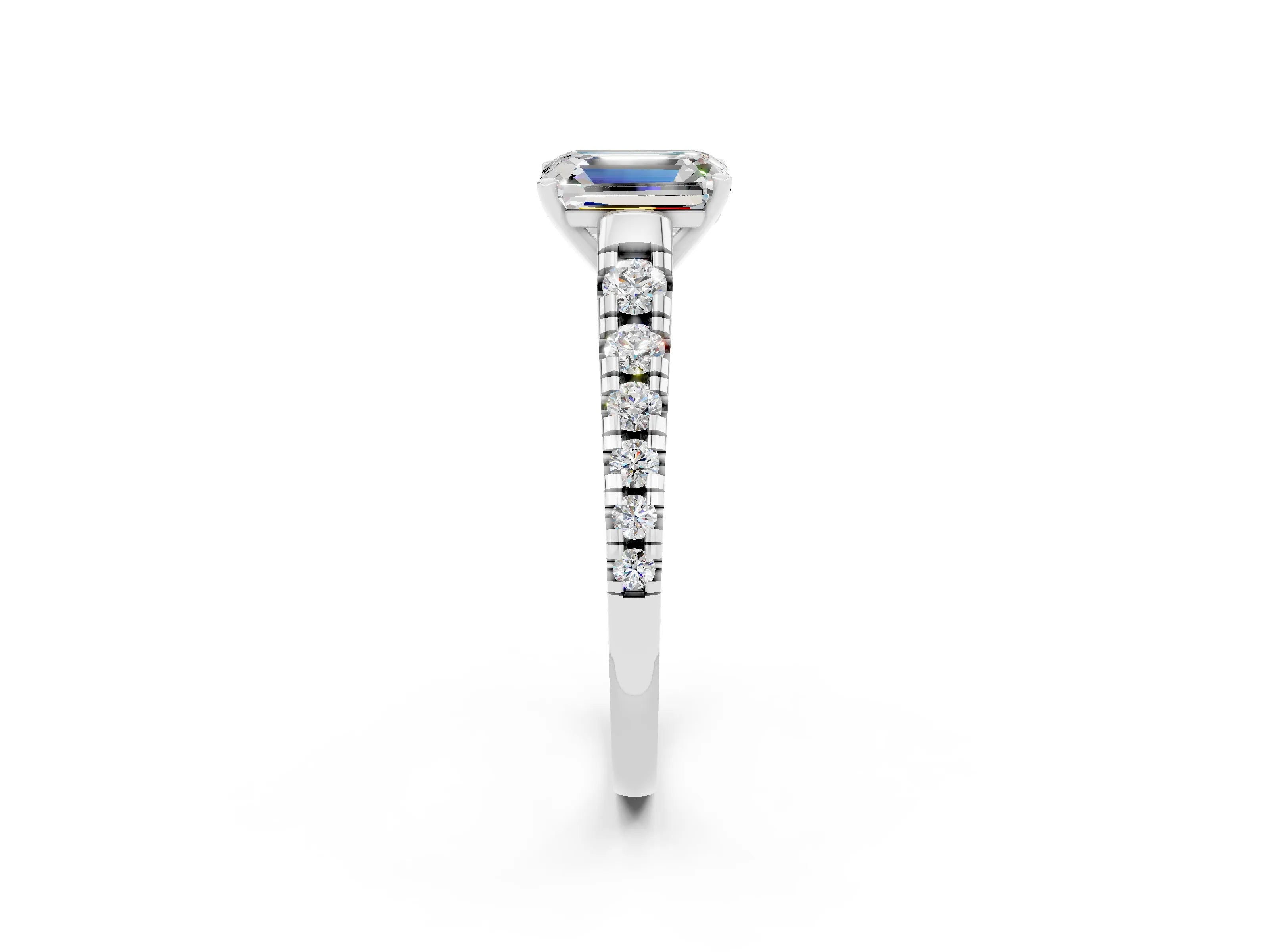 White gold Fancy White Emerald Cut Moissanite Solitaire Ring with Cathedral Setting and Pavé Band_2
