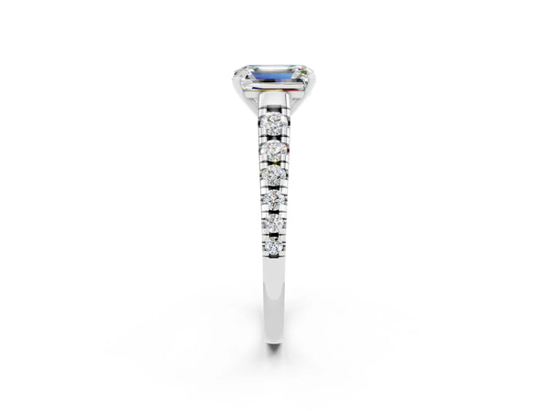 Silver Emerald Cut Moissanite Cathedral Solitaire Ring with Round  Pavé Band
