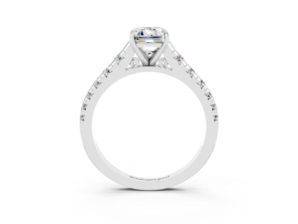 Platinum Emerald Cut Moissanite Cathedral Solitaire Ring with Round  Pavé Band