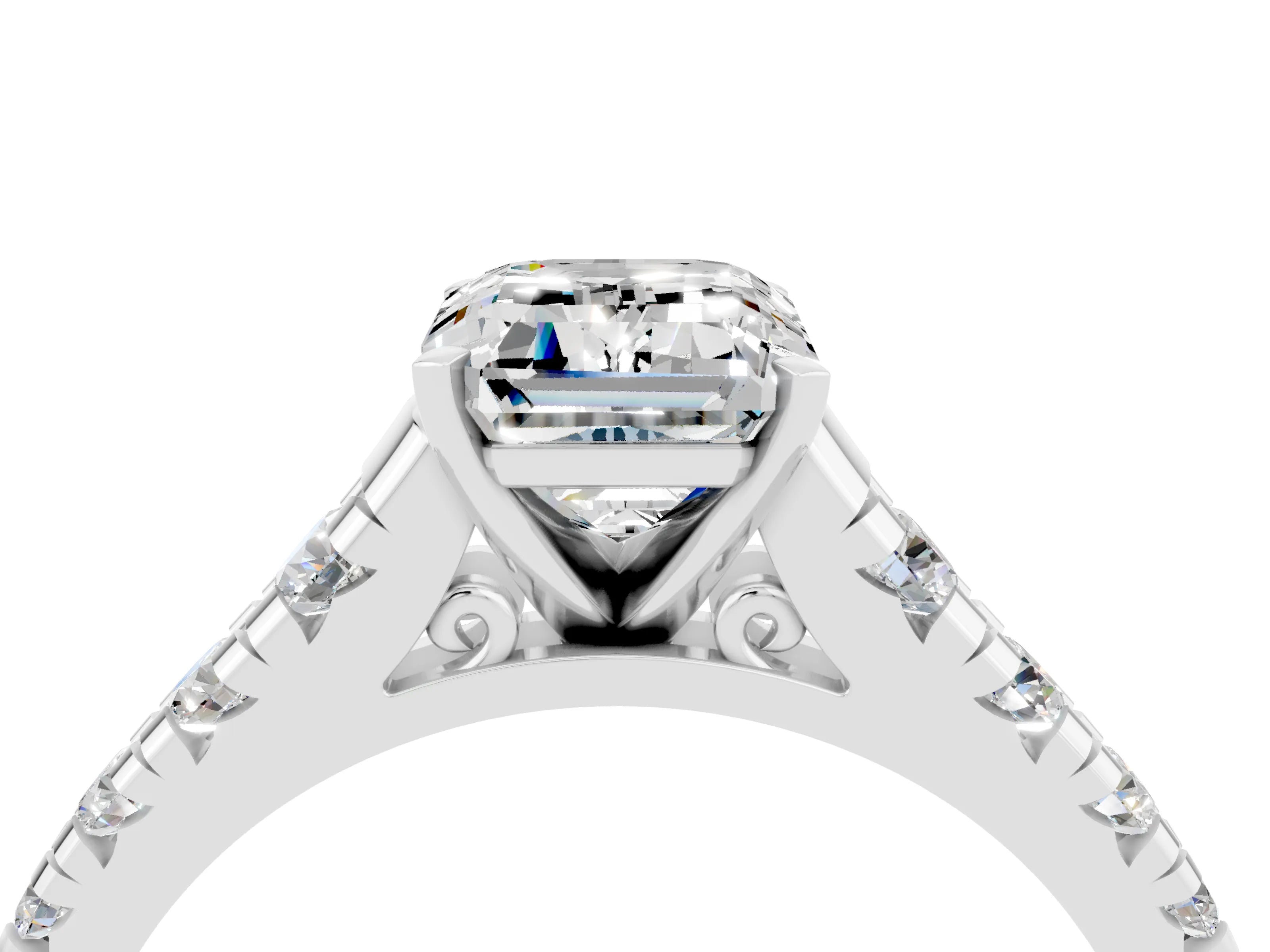 White gold Fancy White Emerald Cut Moissanite Solitaire Ring with Cathedral Setting and Pavé Band_4